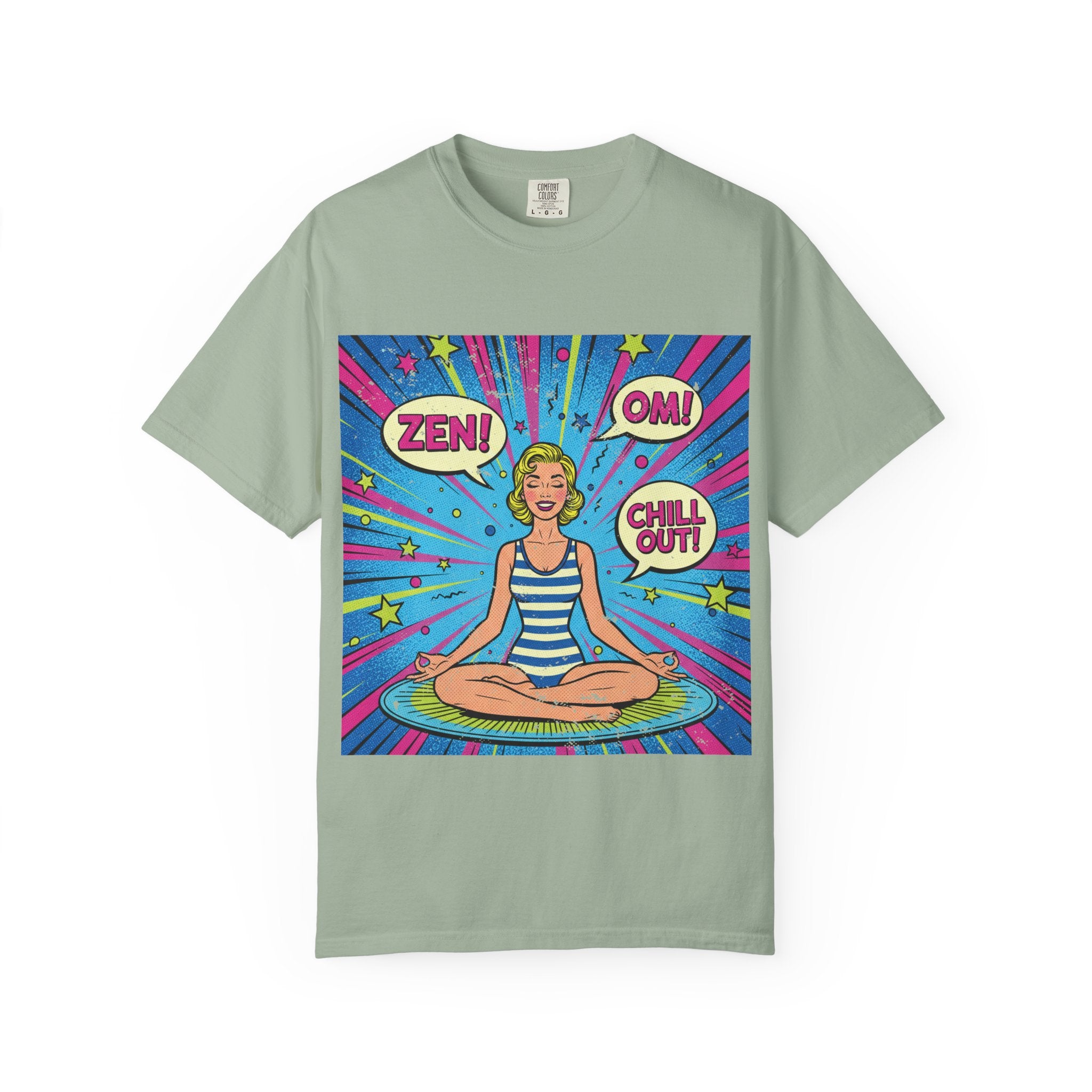 Vintage Zen Pop Art Yoga T-Shirt – Retro Comic Style "Chill Out" Pinup Graphic Tee