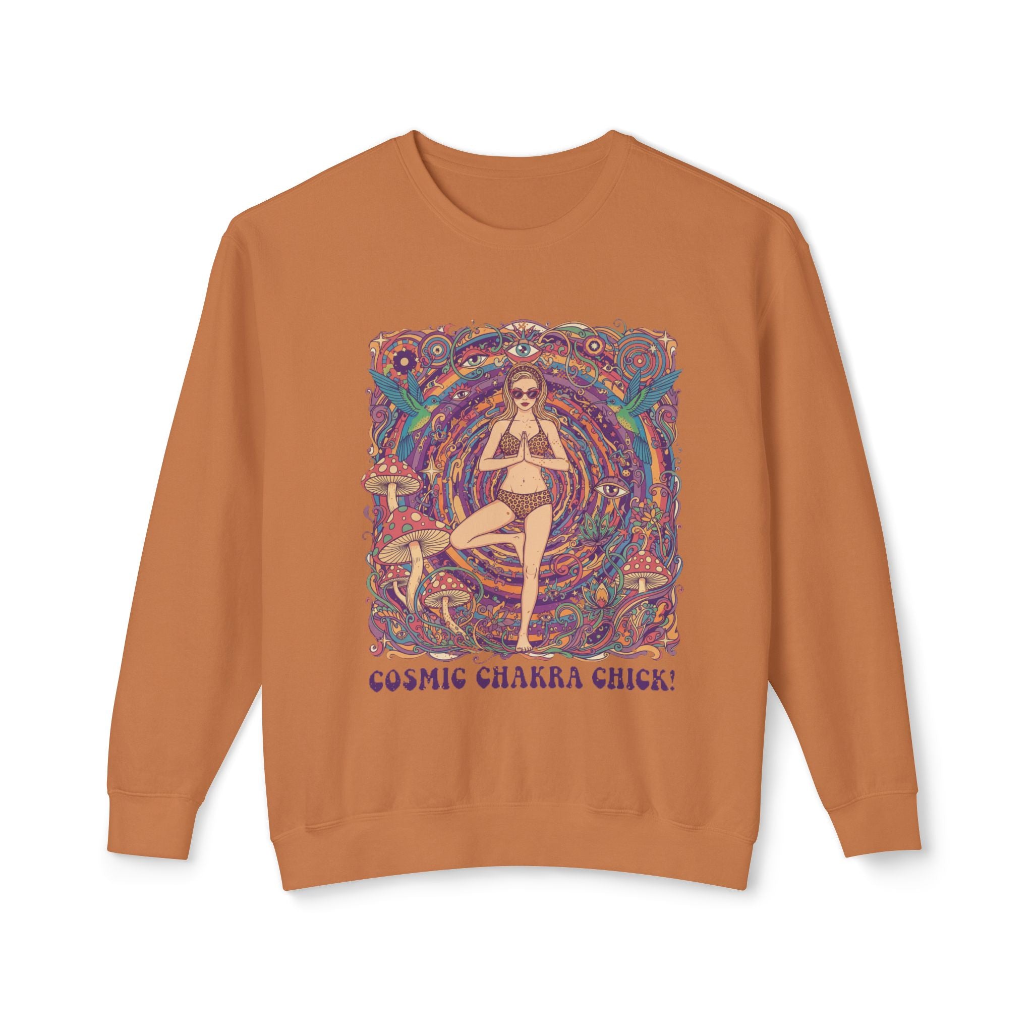Cosmic Chakra Chill Psychedelic Sweatshirt – Retro Yoga Pinup & Mushroom Art Pullover