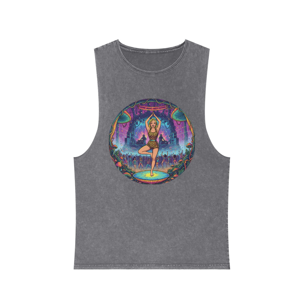 Cosmic Groove Forest Festival Pinup Tank Top - Vintage Psychedelic Mushroom Stonewashed Rave Gear
