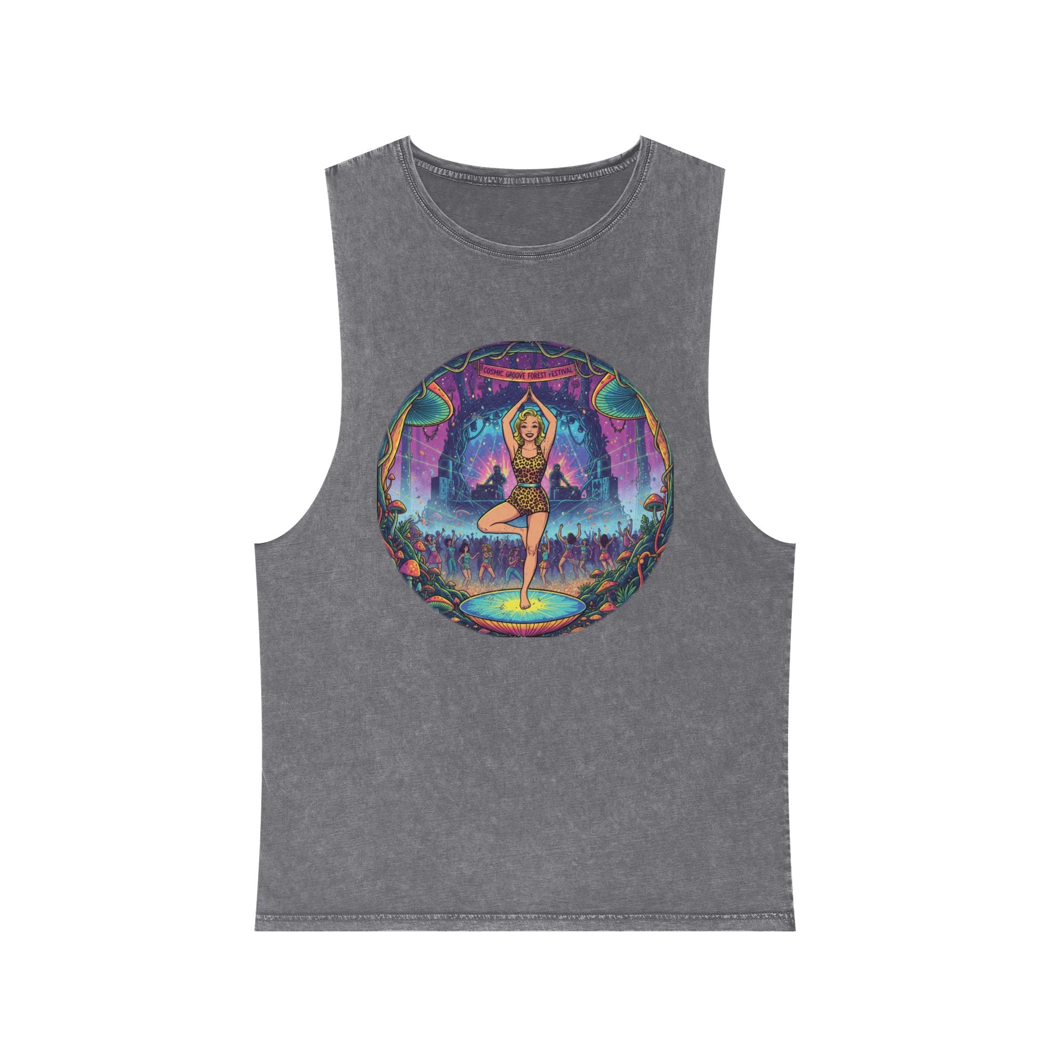 Cosmic Groove Forest Festival Pinup Tank Top - Vintage Psychedelic Mushroom Stonewashed Rave Gear