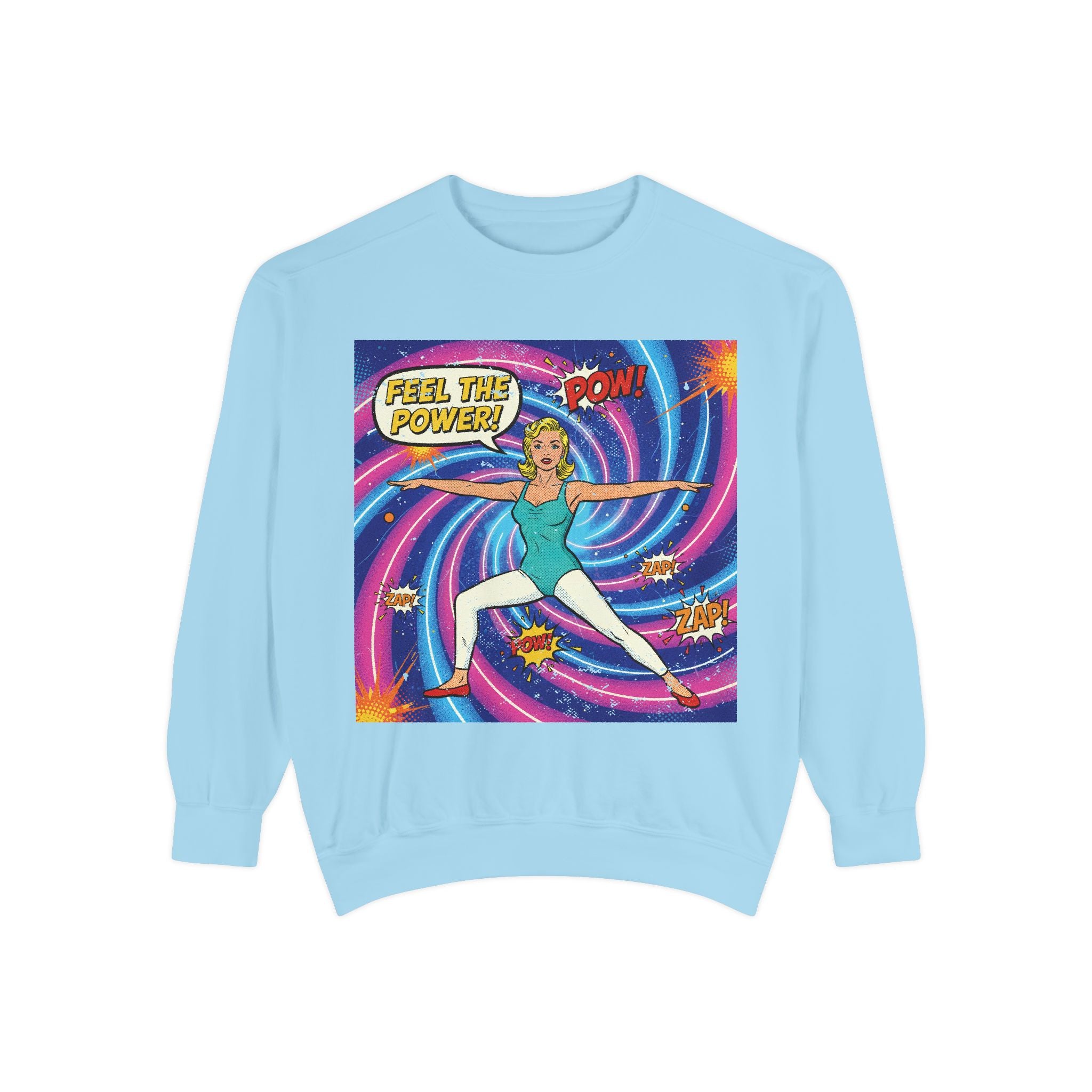 Retro Comic Yoga Sweatshirt – Vintage Pop Art Warrior Pose "Feel The Power" Pullover
