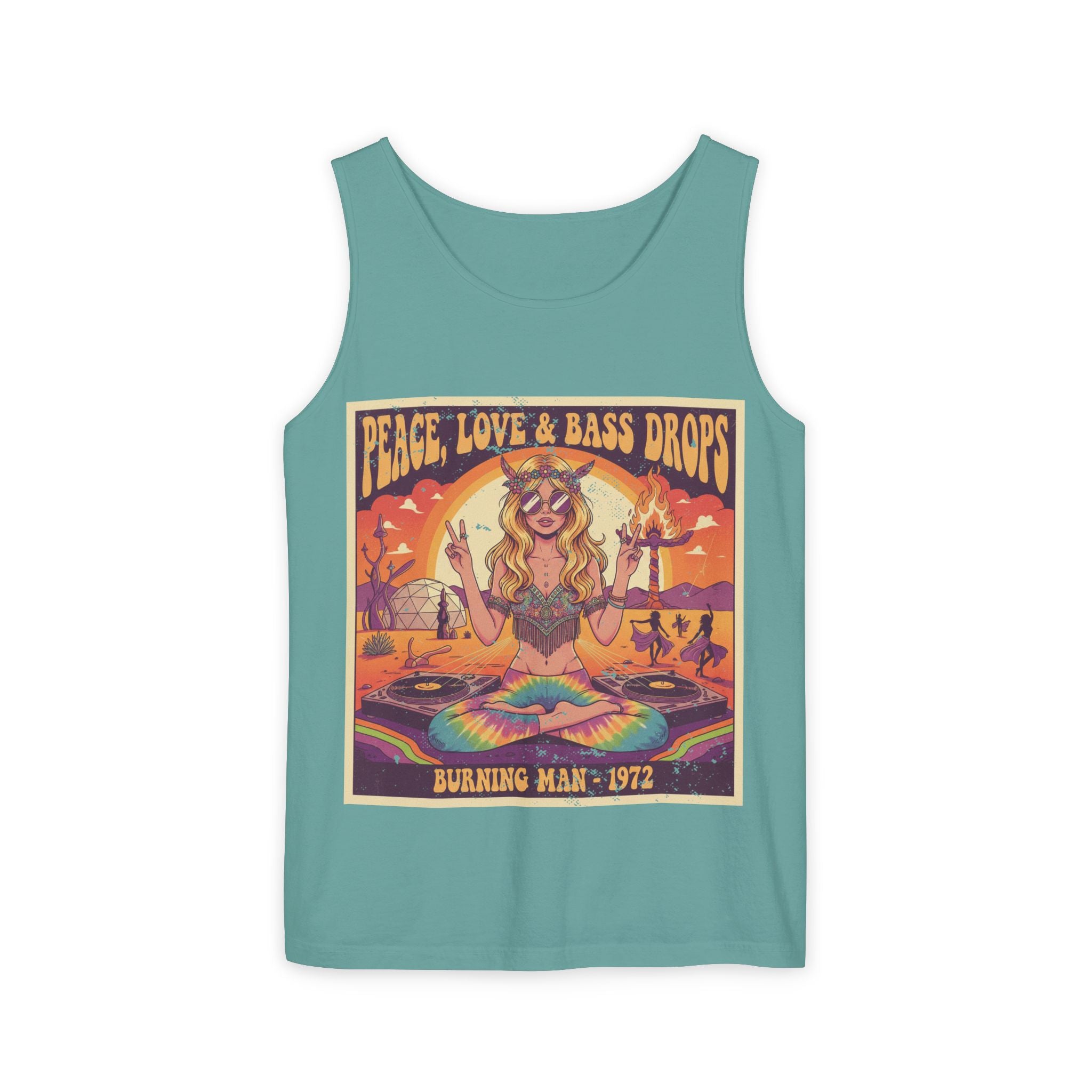 Peace, Love & Bass Drops Tank Top – Retro 1970s Festival "Burning Man" Graphic Racerback