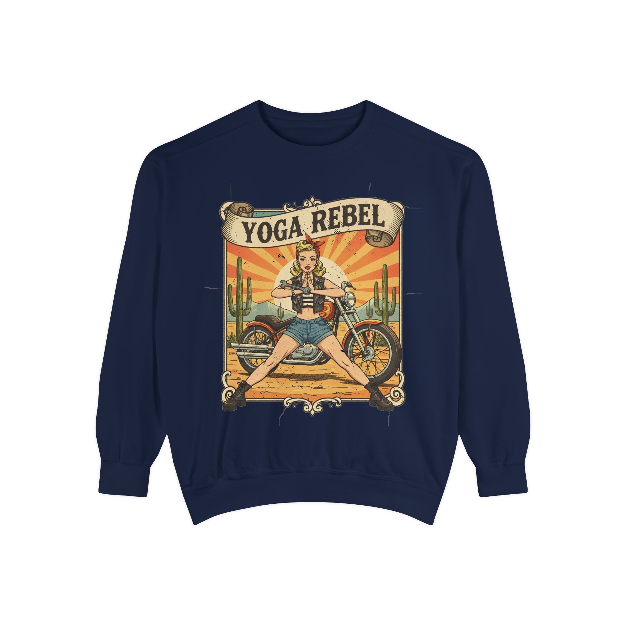 Yoga Rebel Retro Sweatshirt – Vintage Biker Girl Motorcycle Graphic Pullover