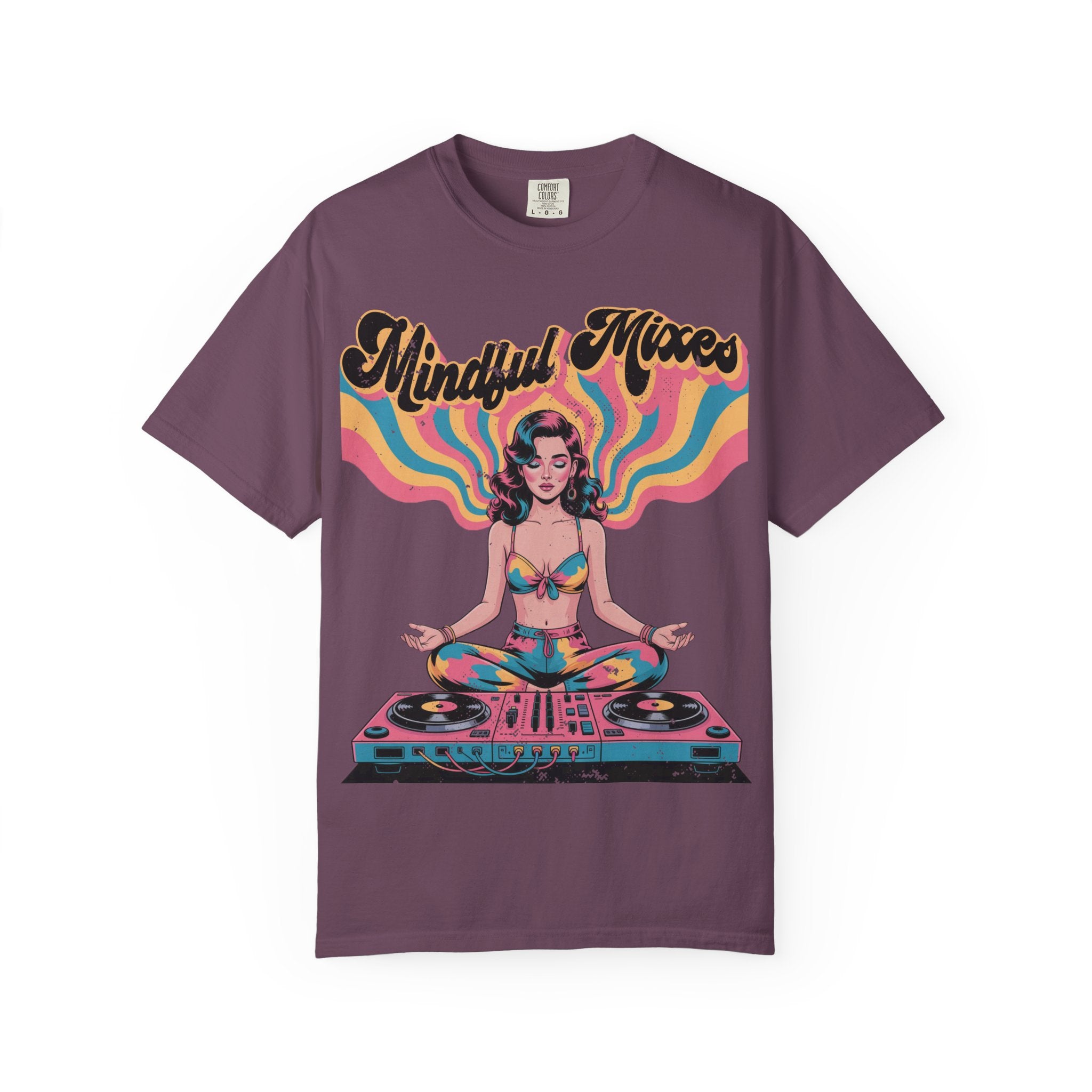 Mindful Mixes Retro DJ T-Shirt – Psychedelic Pinup Meditating Graphic Tee