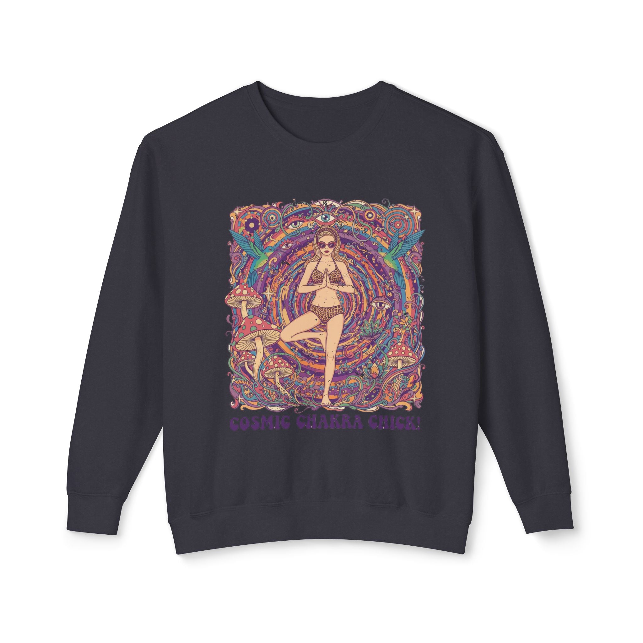 Cosmic Chakra Chill Psychedelic Sweatshirt – Retro Yoga Pinup & Mushroom Art Pullover