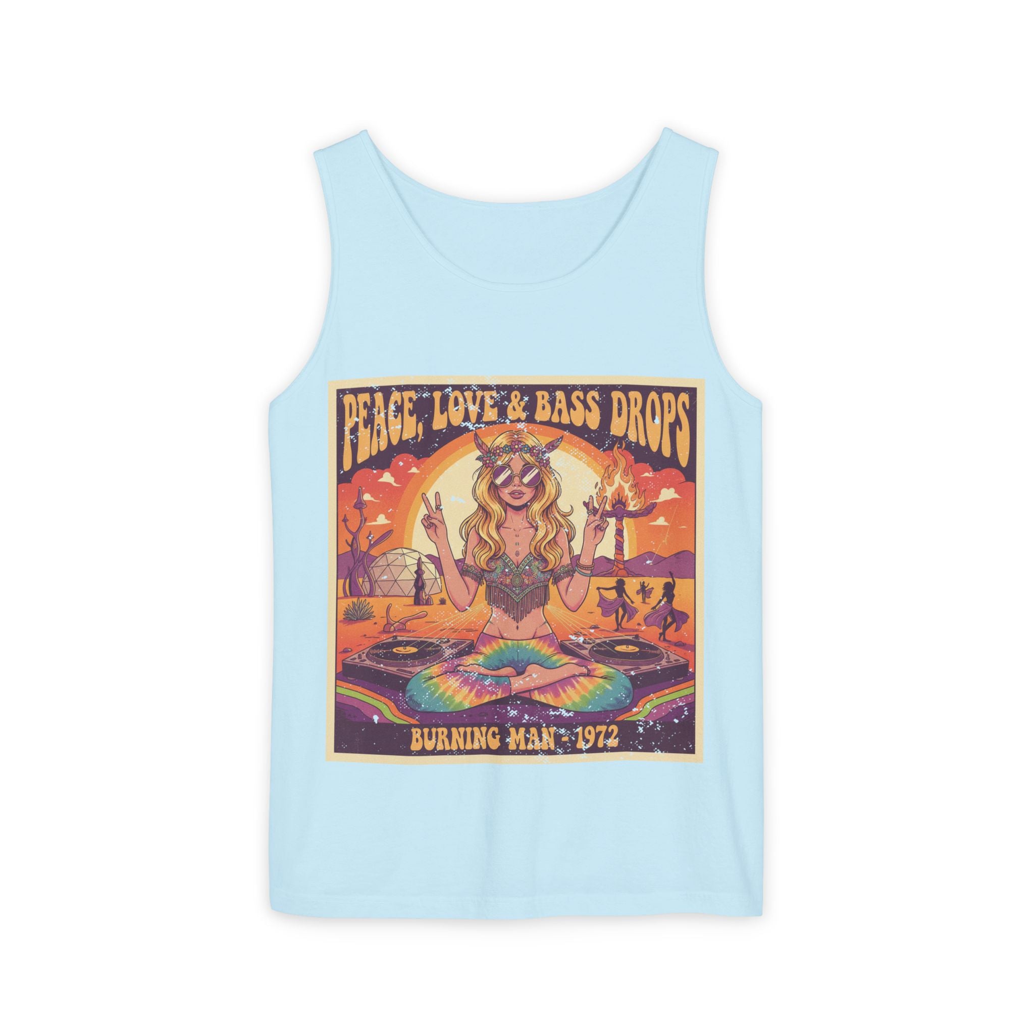 Peace, Love & Bass Drops Tank Top – Retro 1970s Festival "Burning Man" Graphic Racerback