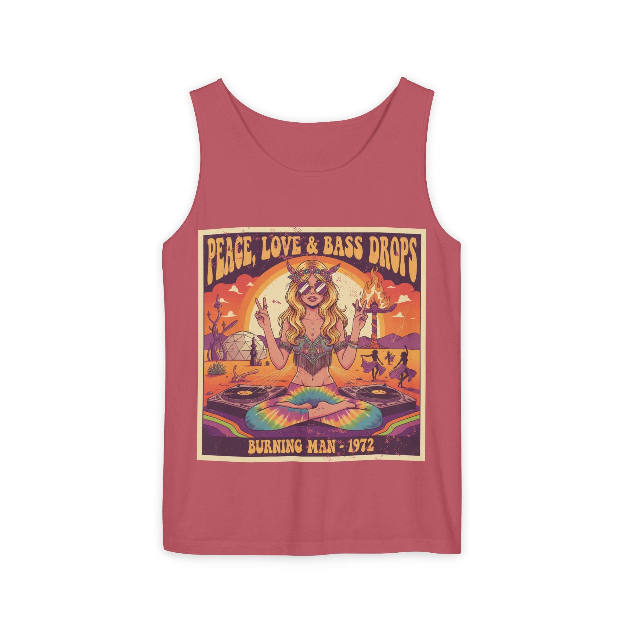 Peace, Love & Bass Drops Tank Top – Retro 1970s Festival "Burning Man" Graphic Racerback
