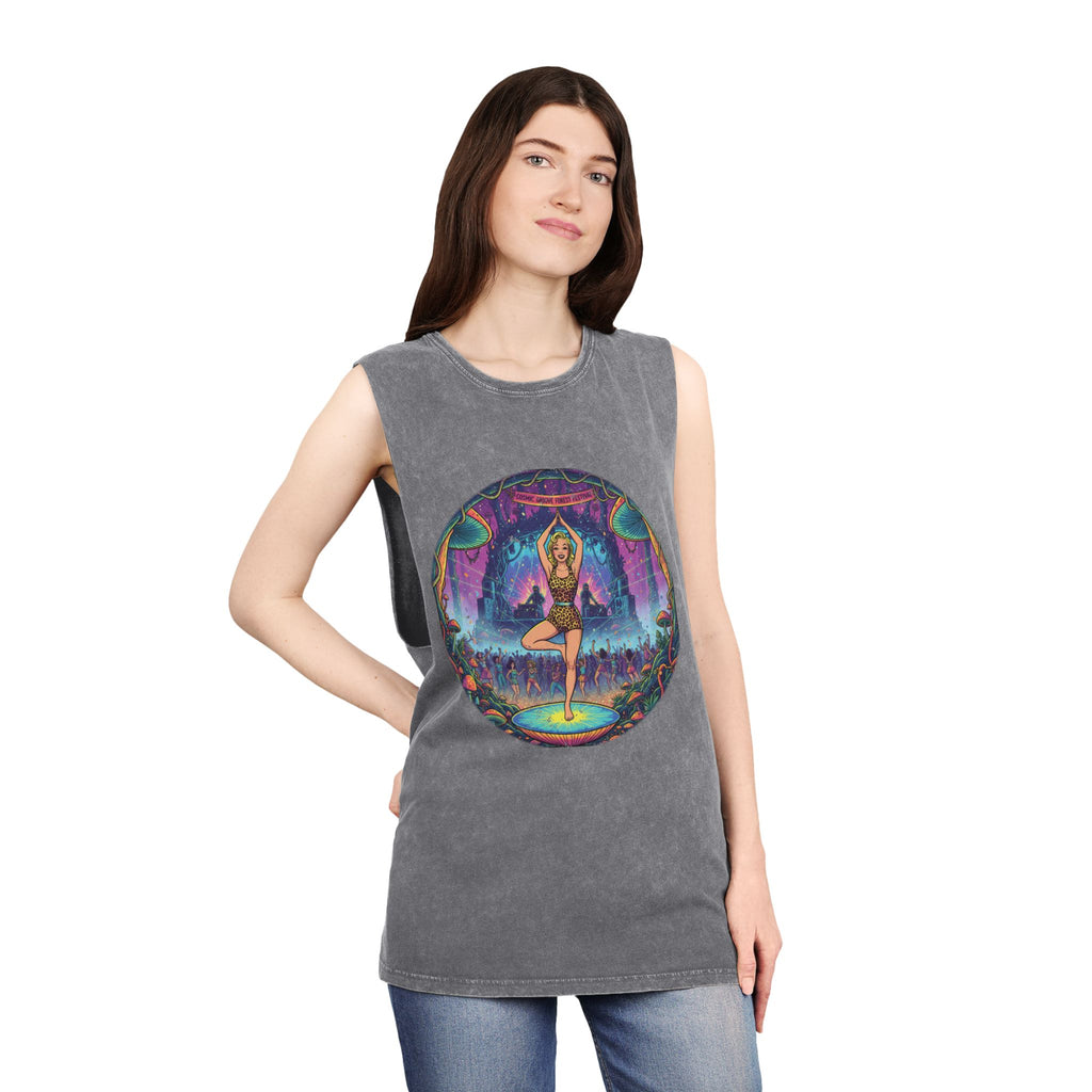 Cosmic Groove Forest Festival Pinup Tank Top - Vintage Psychedelic Mushroom Stonewashed Rave Gear