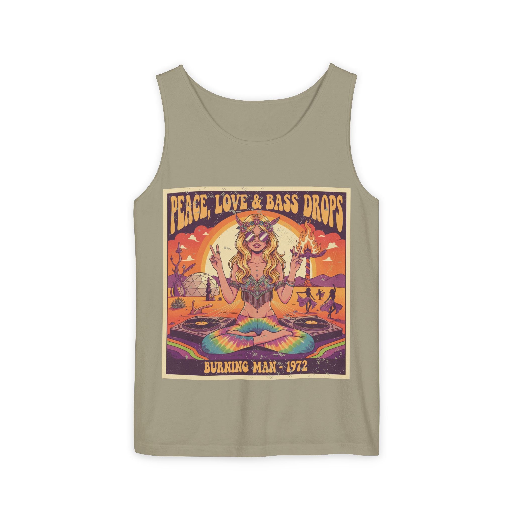 Peace, Love & Bass Drops Tank Top – Retro 1970s Festival "Burning Man" Graphic Racerback