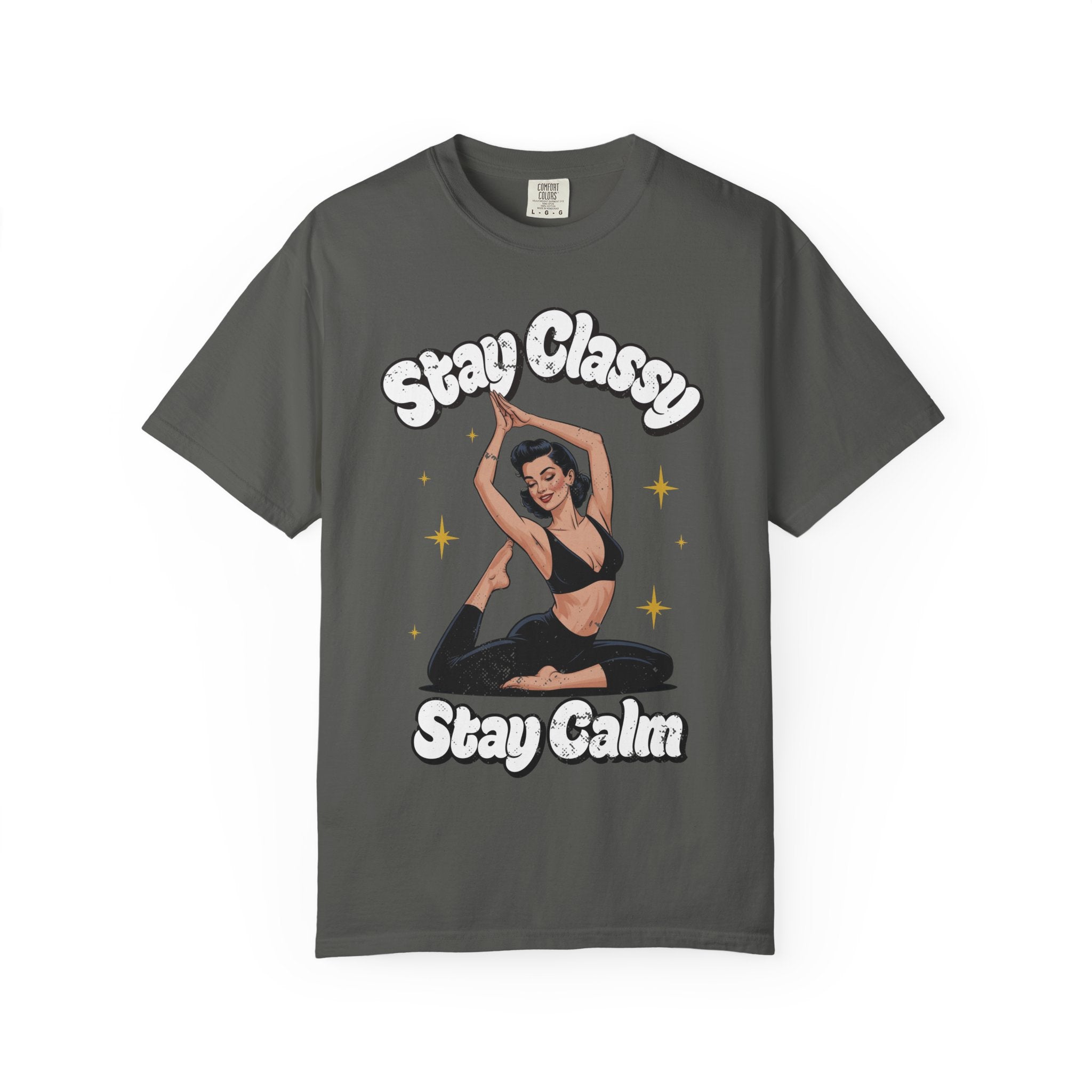 Retro Pinup Girl Yoga T-Shirt - "Stay Classy, Stay Calm" Vintage Graphic Tee
