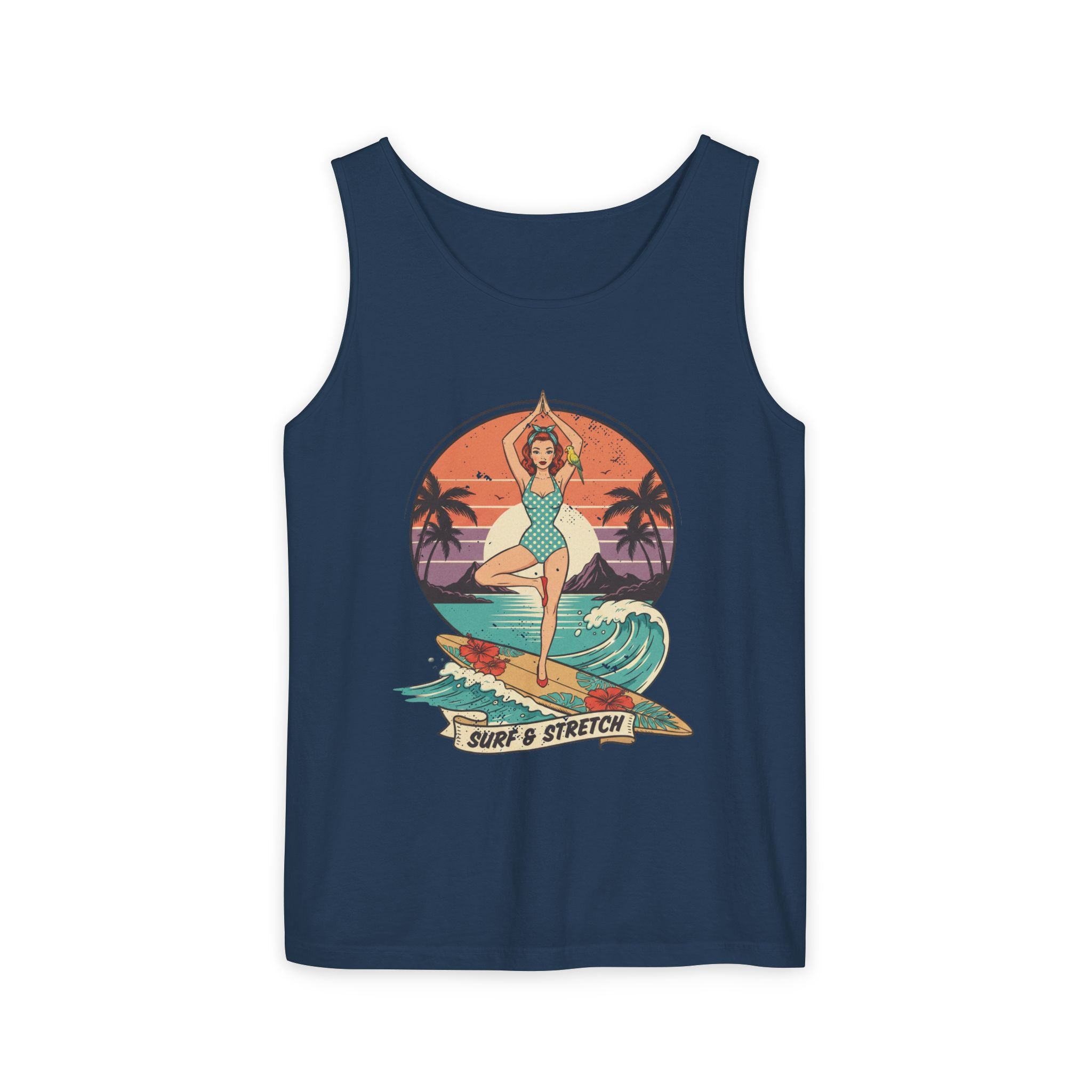 Surf & Stretch Retro Tank Top – Vintage Tropical Beach Yoga Graphic Tee