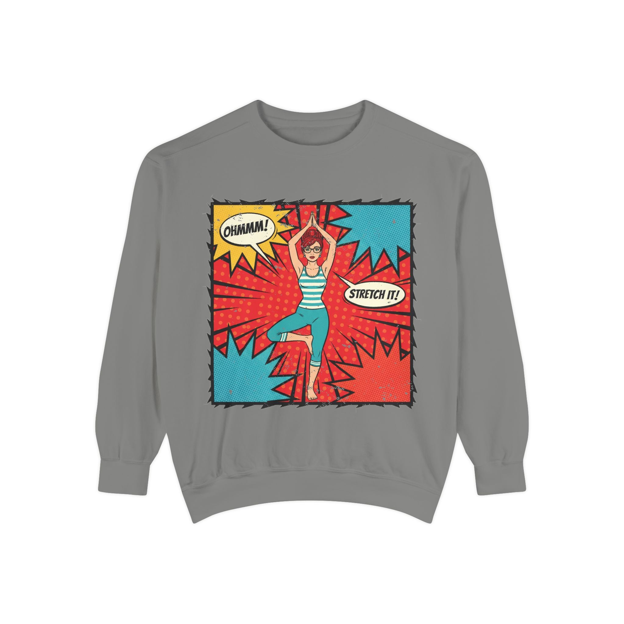 Retro Comic Yoga Sweatshirt – Pop Art Tree Pose "Stretch It!" Vintage Pullover