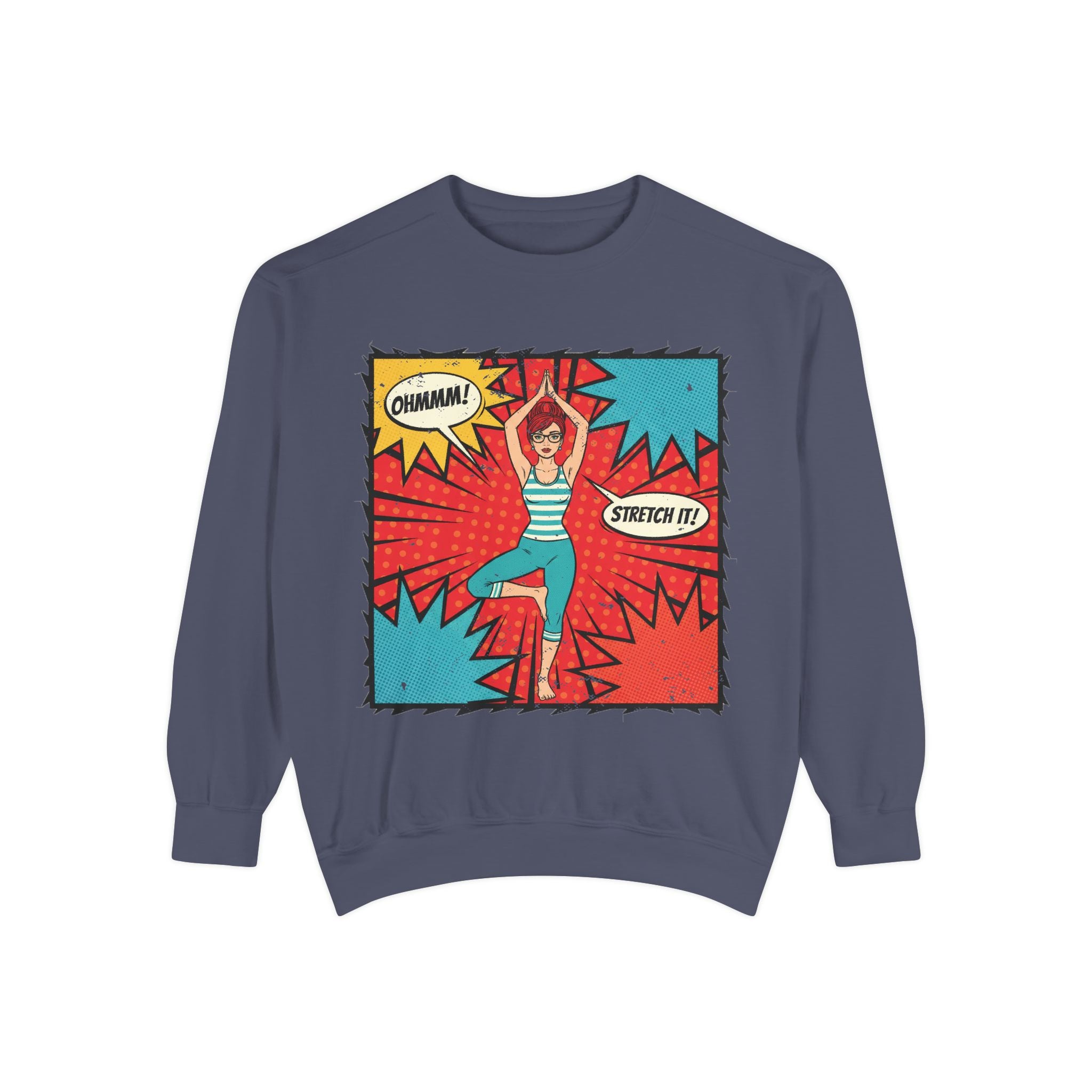 Retro Comic Yoga Sweatshirt – Pop Art Tree Pose "Stretch It!" Vintage Pullover