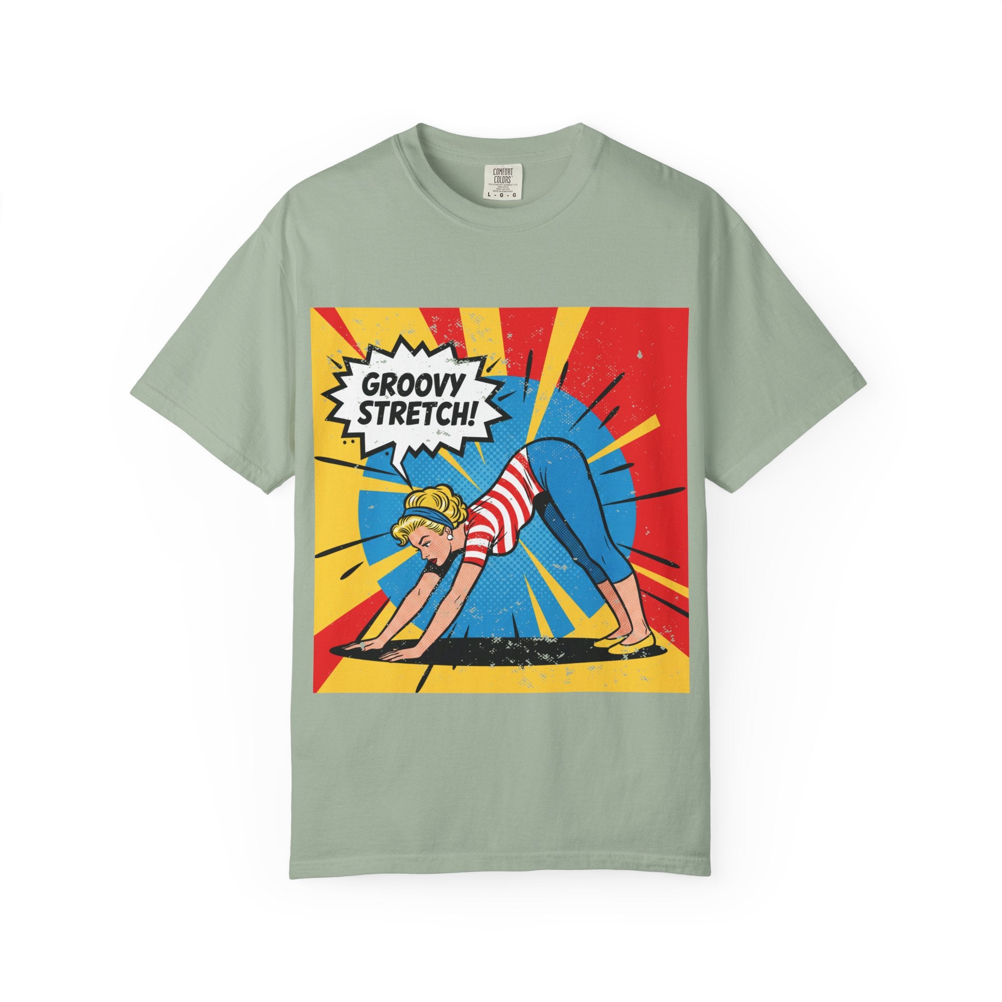 Retro Pop Art Yoga T-Shirt – Vintage Pinup Girl "Groovy Stretch" Graphic Tee