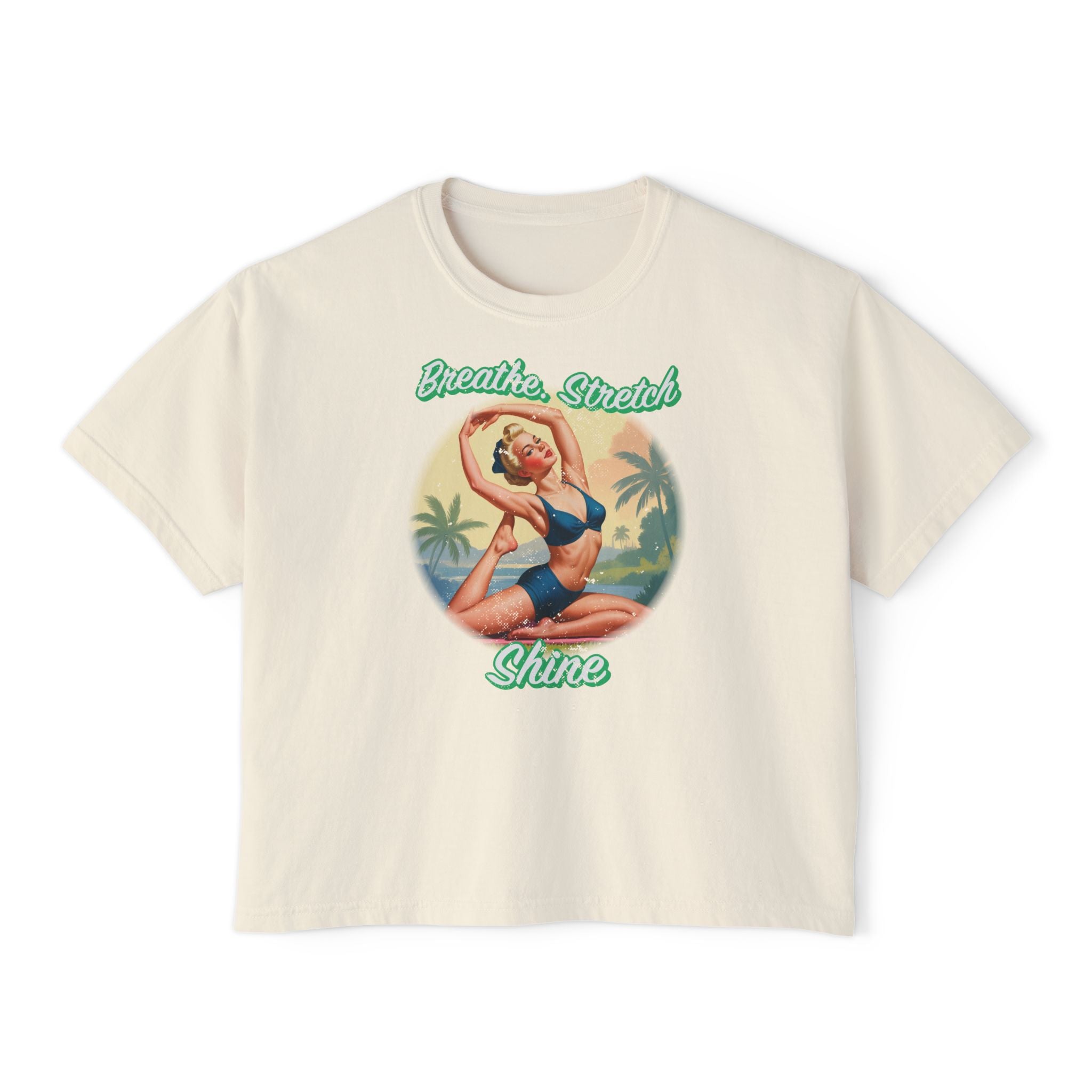 Breathe Stretch Shine T-Shirt – Retro Pin-Up Yoga Graphic Tee for Vintage Wellness Lovers