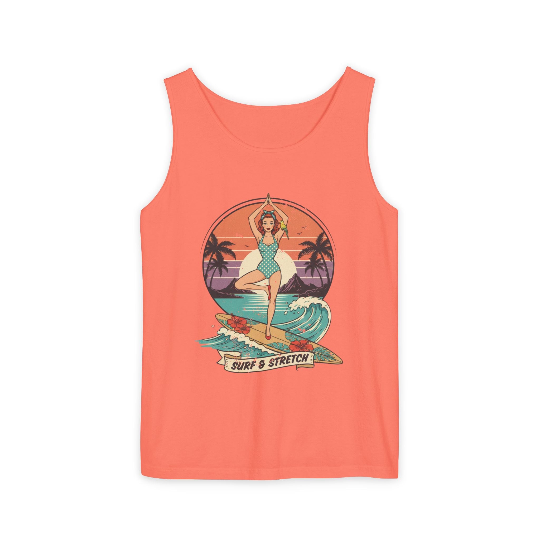 Surf & Stretch Retro Tank Top – Vintage Tropical Beach Yoga Graphic Tee