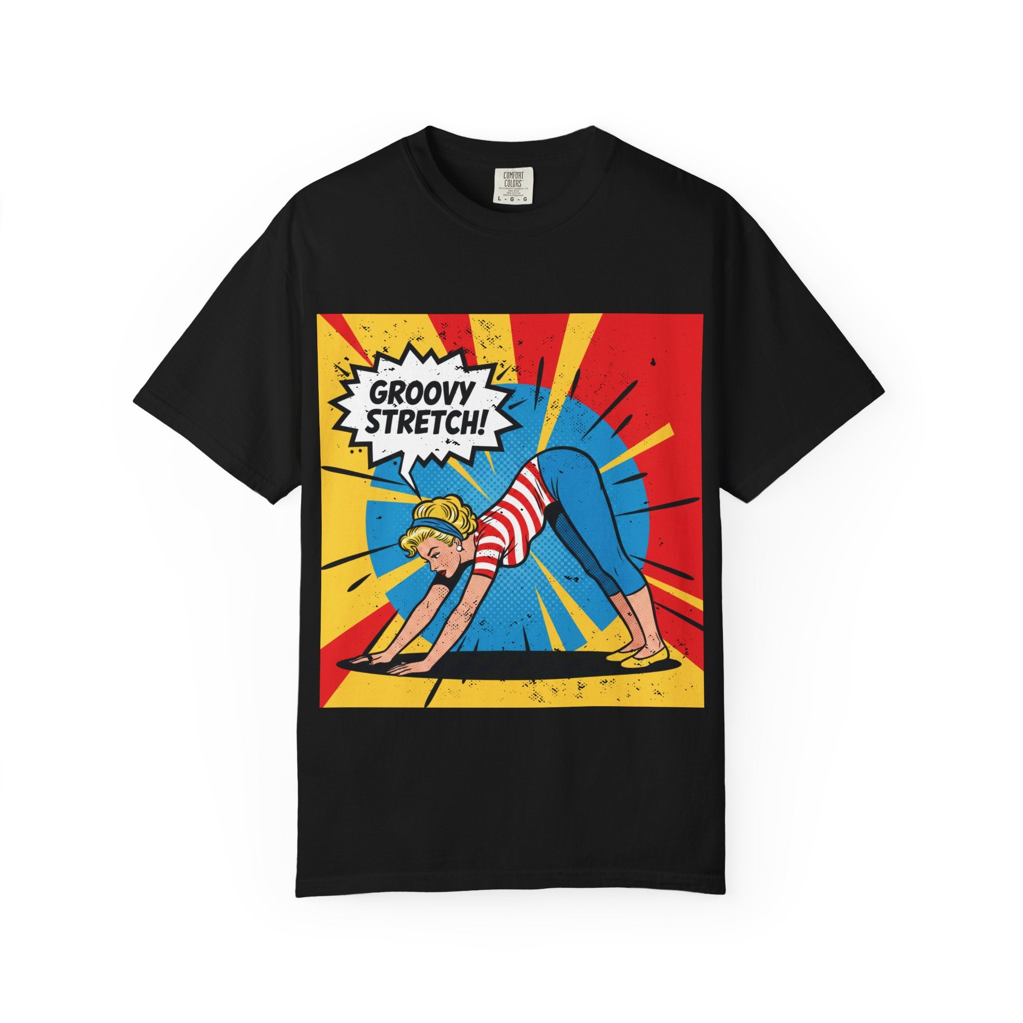 Retro Pop Art Yoga T-Shirt – Vintage Pinup Girl "Groovy Stretch" Graphic Tee