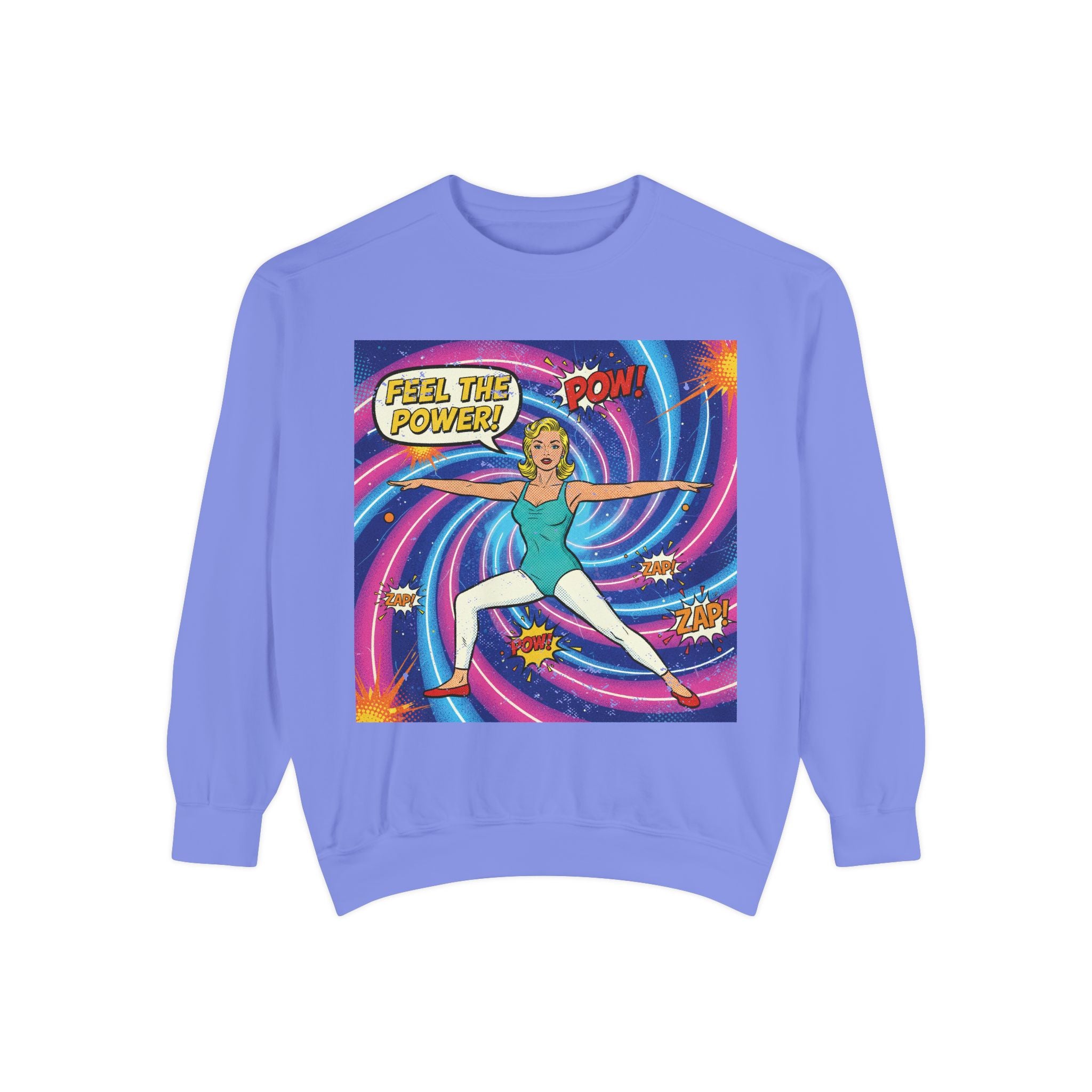 Retro Comic Yoga Sweatshirt – Vintage Pop Art Warrior Pose "Feel The Power" Pullover