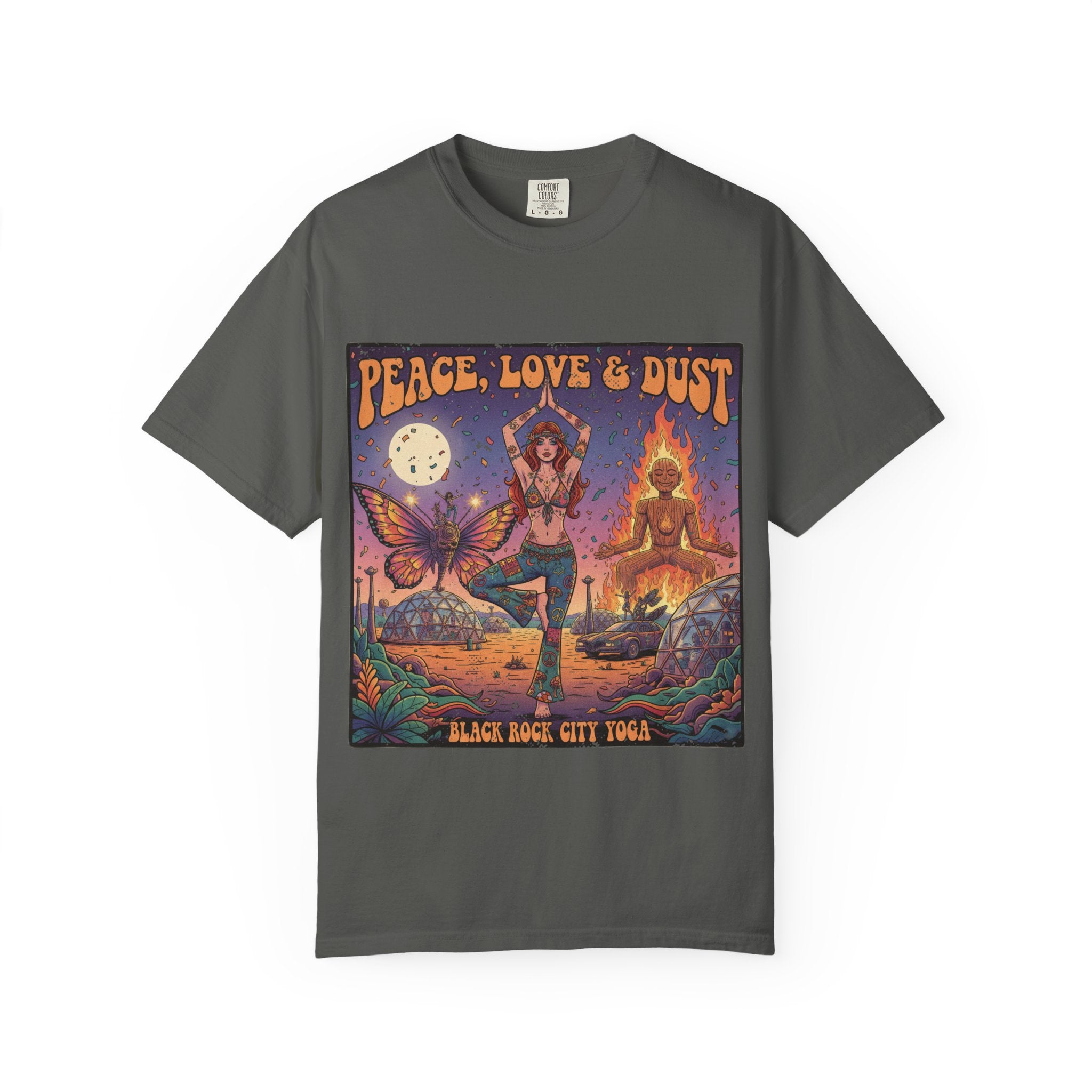 Peace Love & Dust Black Rock City Yoga T-Shirt - Vintage Festival Pinup Graphic Tee