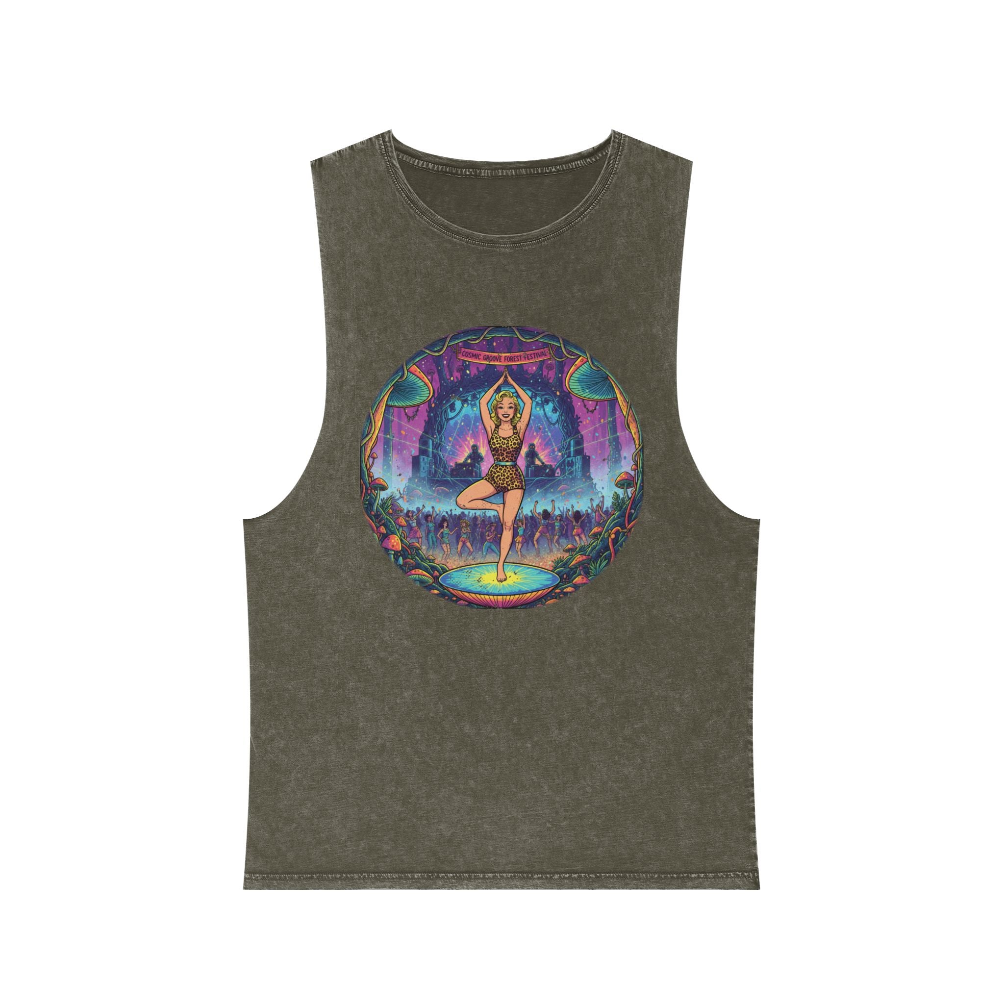 Cosmic Groove Forest Festival Pinup Tank Top - Vintage Psychedelic Mushroom Stonewashed Rave Gear