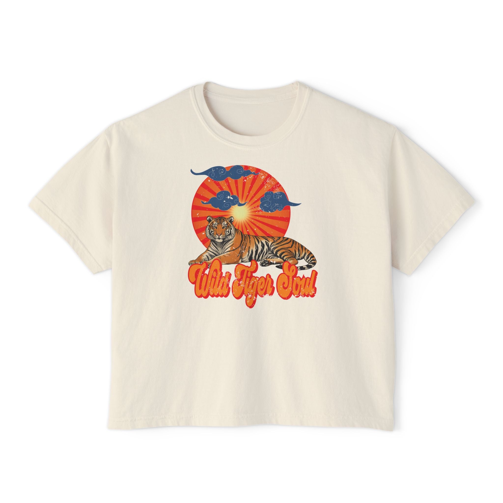 Wild Tiger Soul Retro T-Shirt – Vintage Sunburst Boho Oversized Graphic Tee