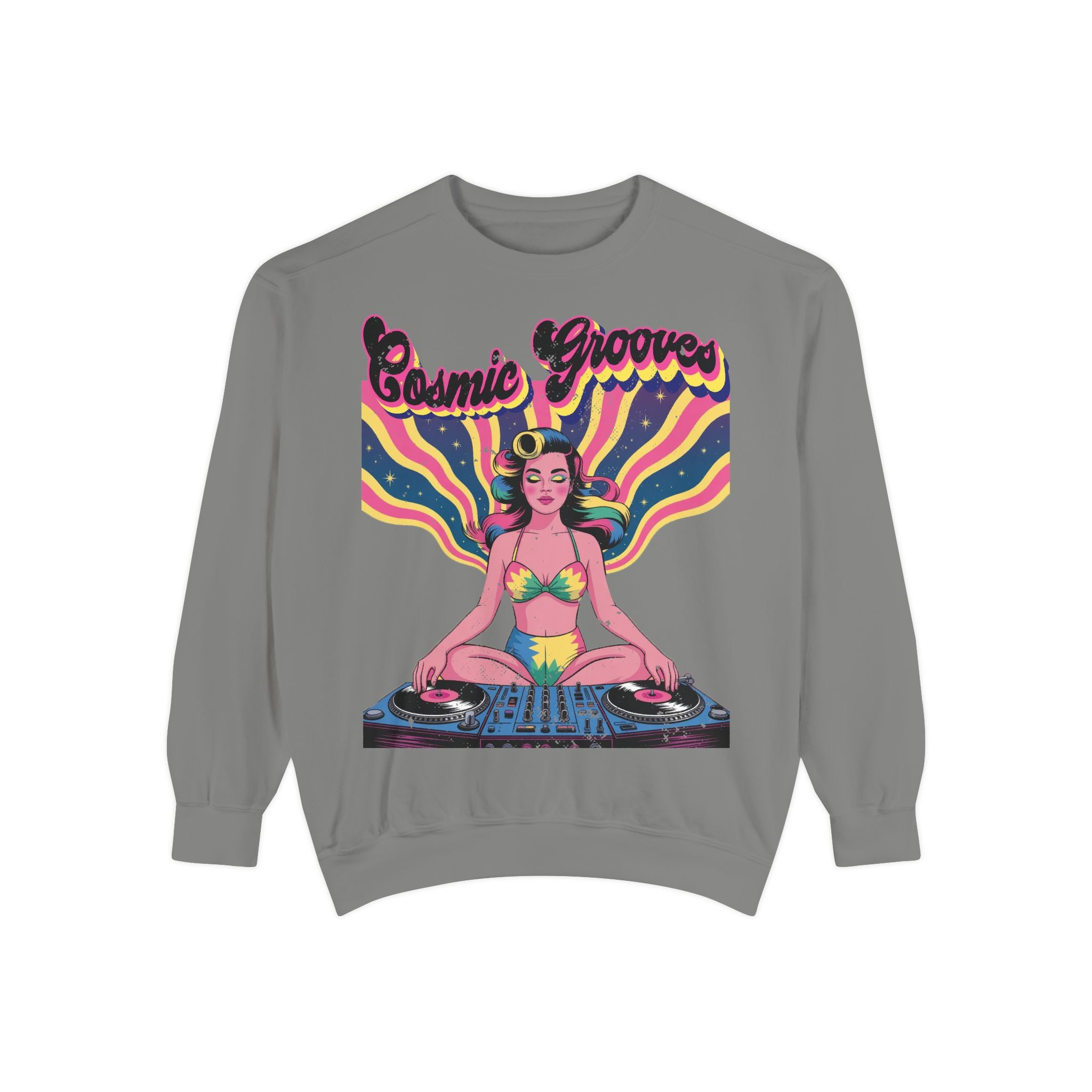 Cosmic Grooves Retro Pinup DJ Sweatshirt – Psychedelic Meditating Rave Apparel