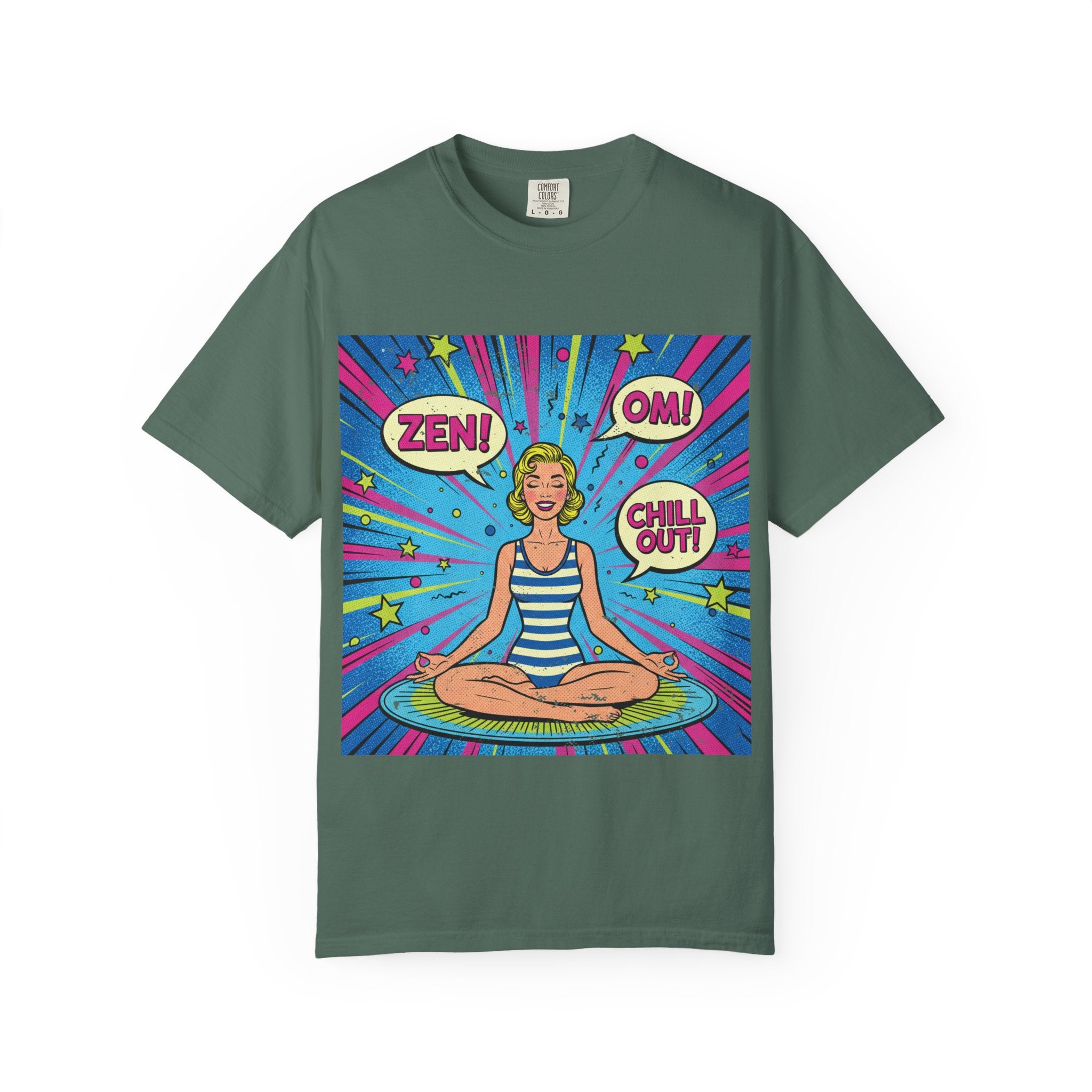 Vintage Zen Pop Art Yoga T-Shirt – Retro Comic Style "Chill Out" Pinup Graphic Tee
