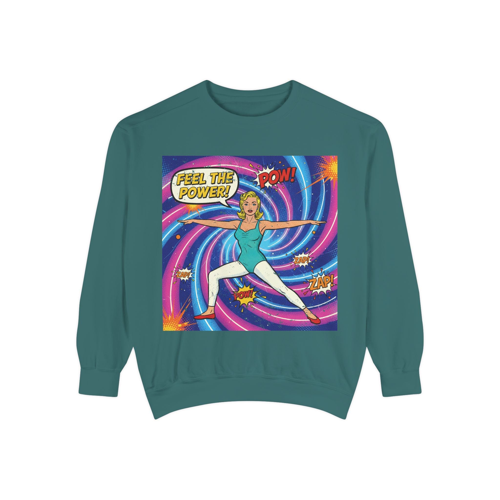 Retro Comic Yoga Sweatshirt – Vintage Pop Art Warrior Pose "Feel The Power" Pullover