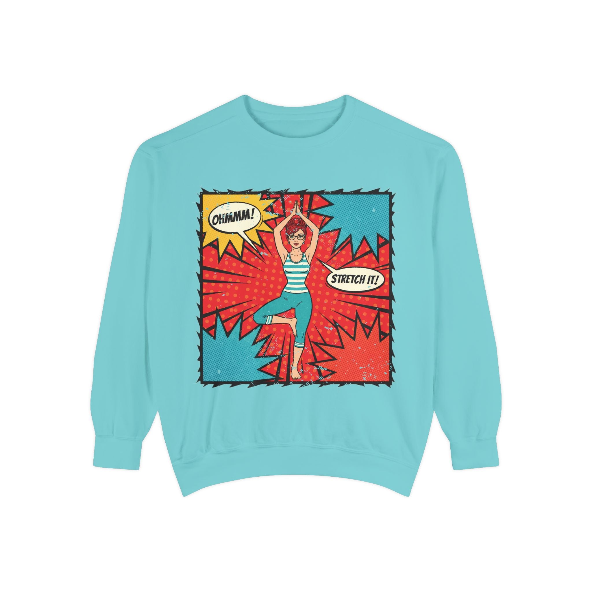 Retro Comic Yoga Sweatshirt – Pop Art Tree Pose "Stretch It!" Vintage Pullover