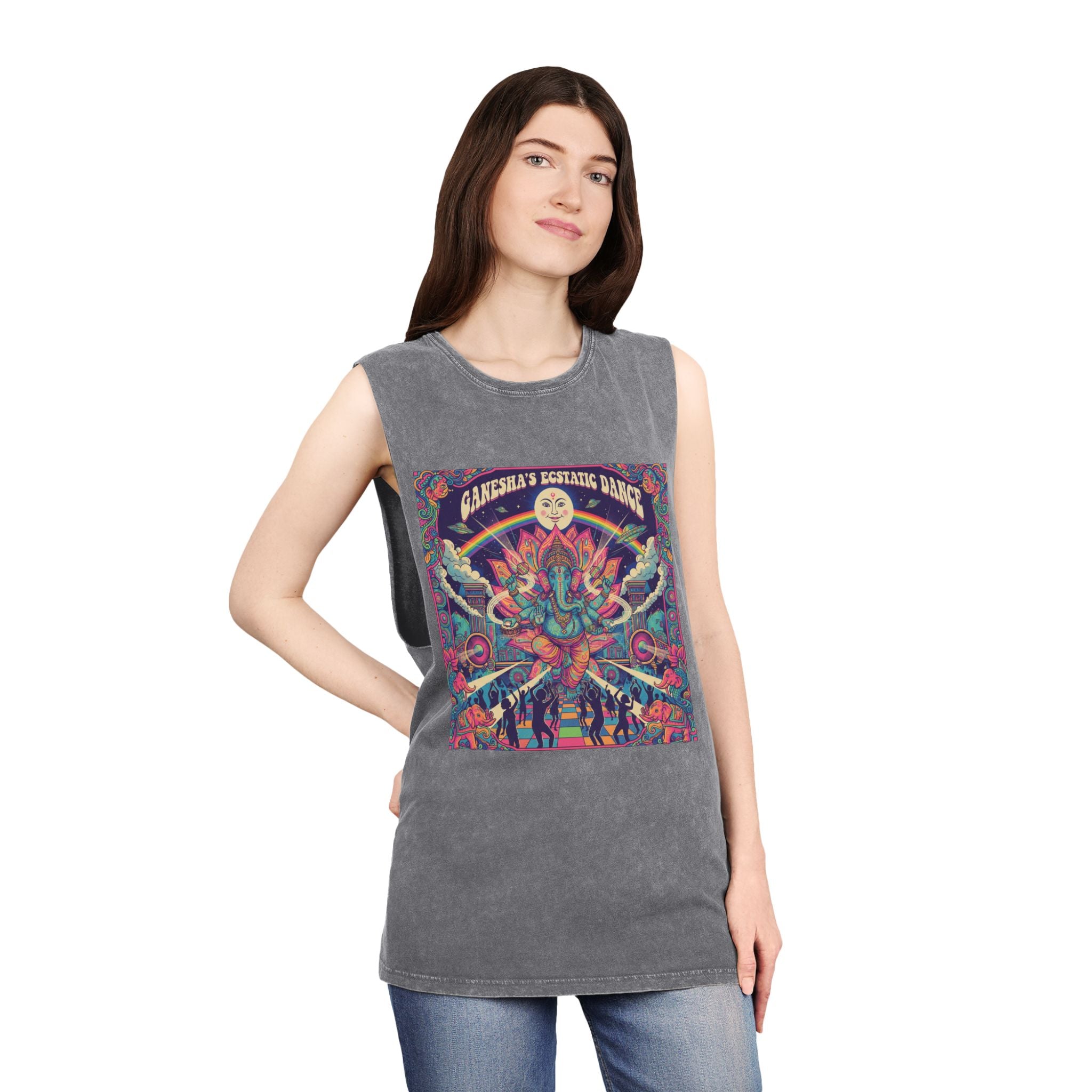 Ganesha’s Ecstatic Dance Stonewashed Tank Top – Psychedelic Festival Rave Graphic Tee