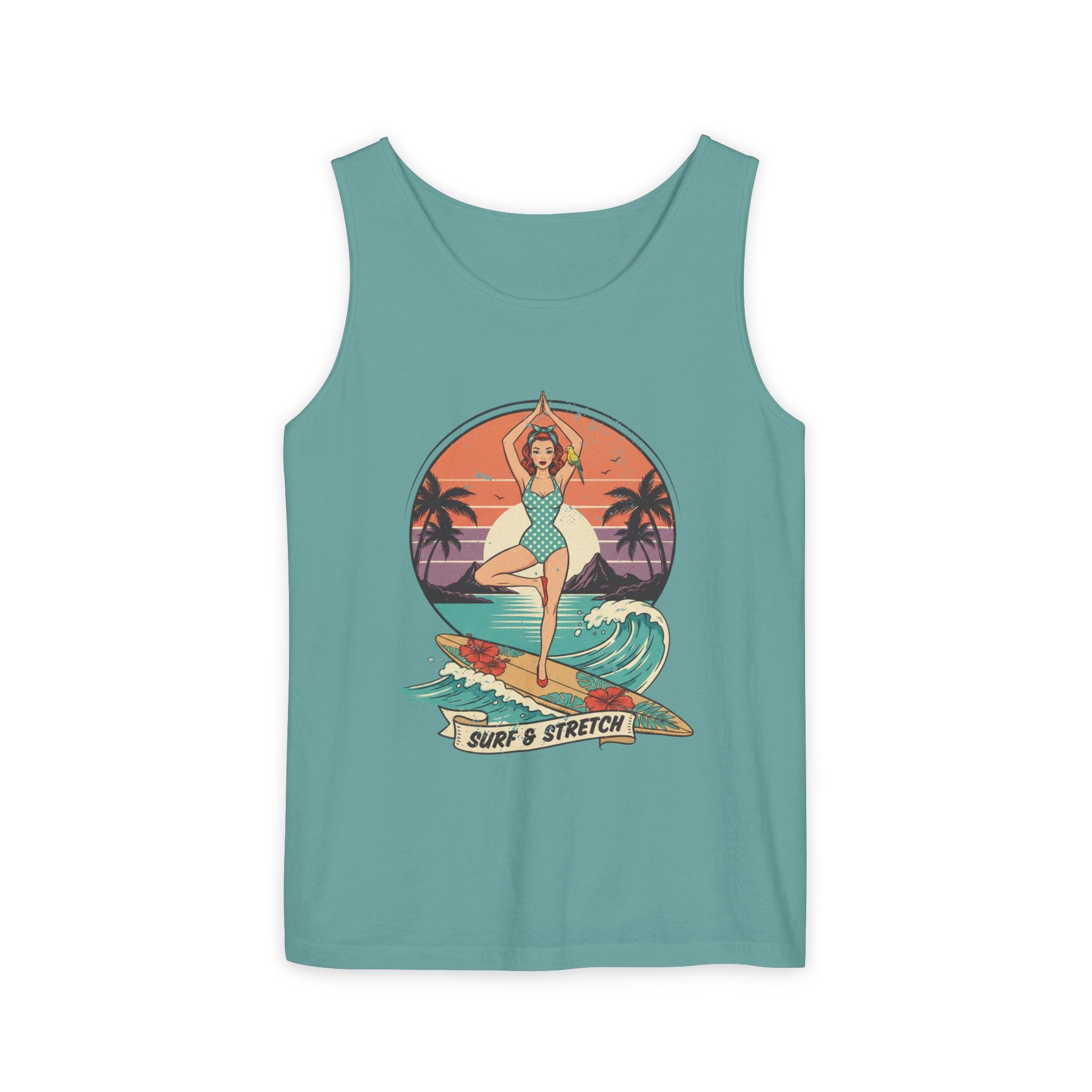 Surf & Stretch Retro Tank Top – Vintage Tropical Beach Yoga Graphic Tee
