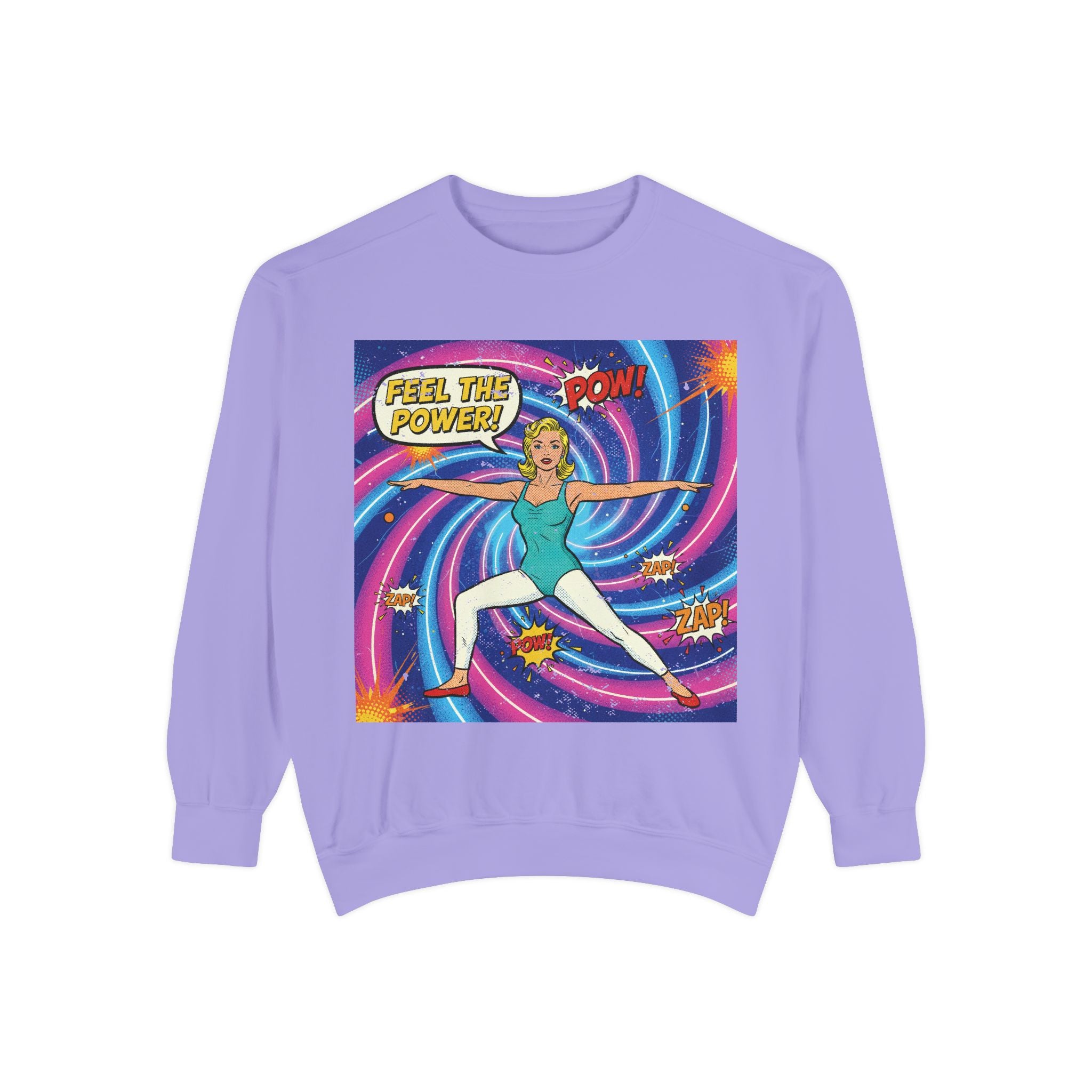 Retro Comic Yoga Sweatshirt – Vintage Pop Art Warrior Pose "Feel The Power" Pullover