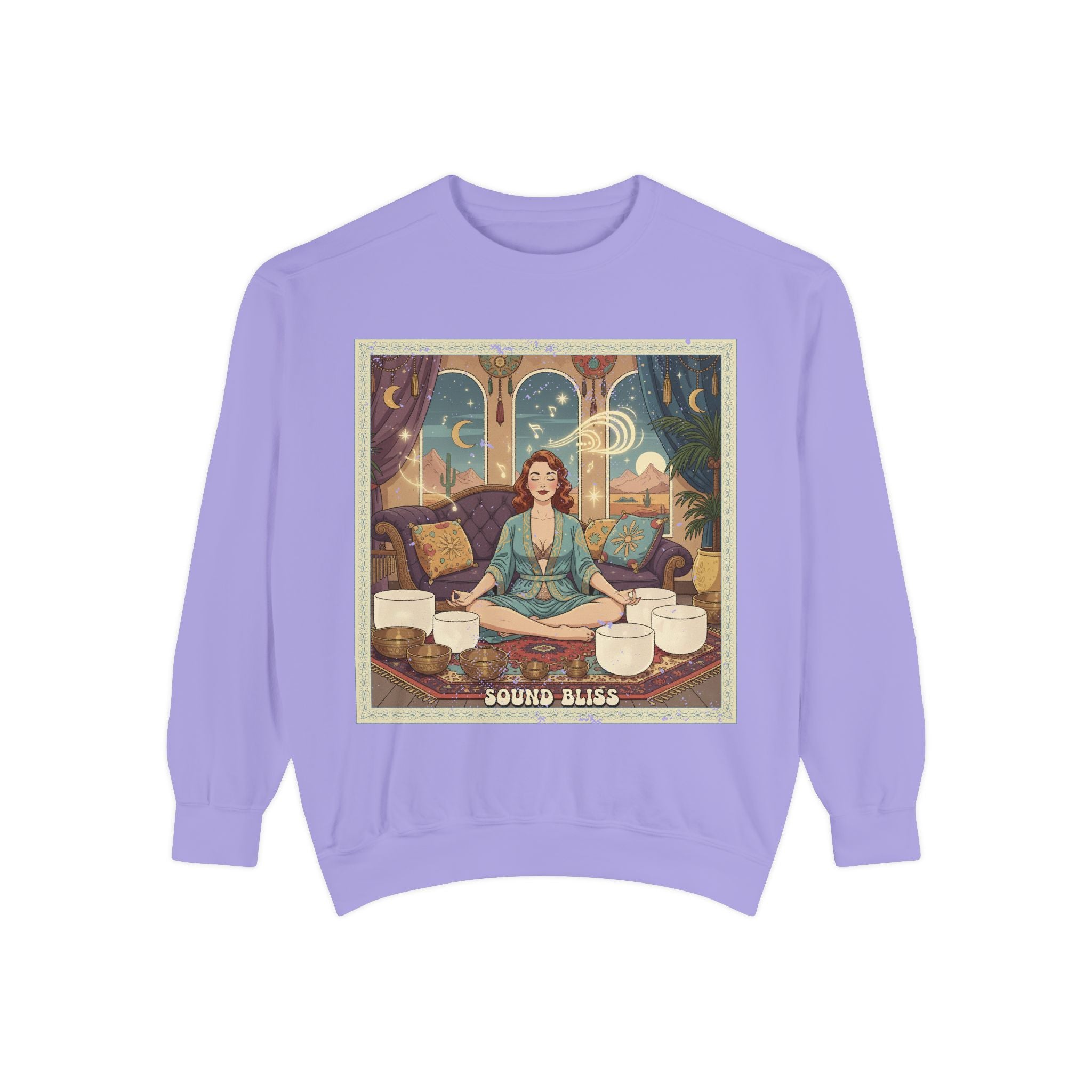 Sound Bliss Retro Sweatshirt – Vintage Sound Healing & Crystal Bowl Graphic Pullover