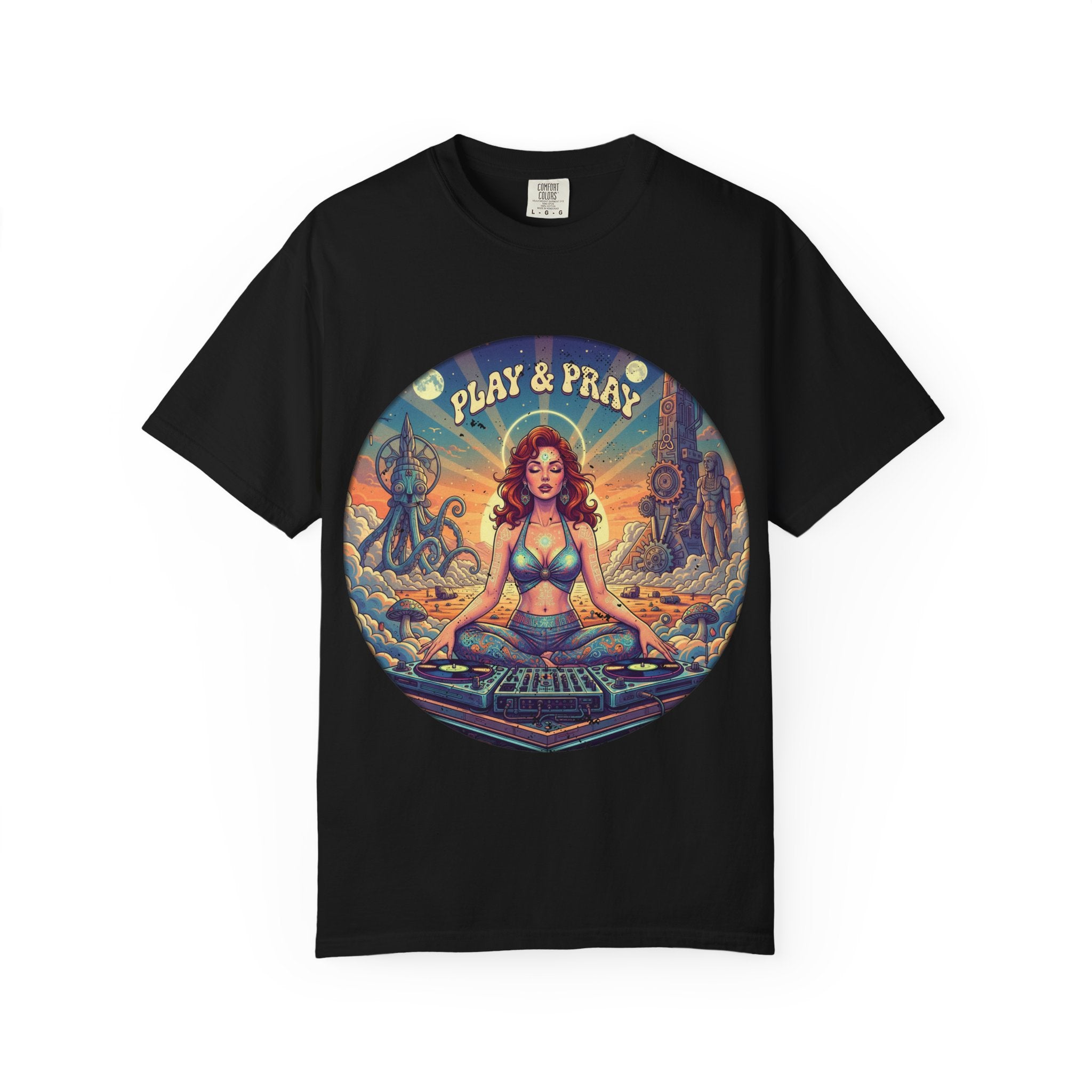 Play & Pray Vintage Pinup DJ Tee - Retro Spiritual Rave & Festival Graphic T-Shirt