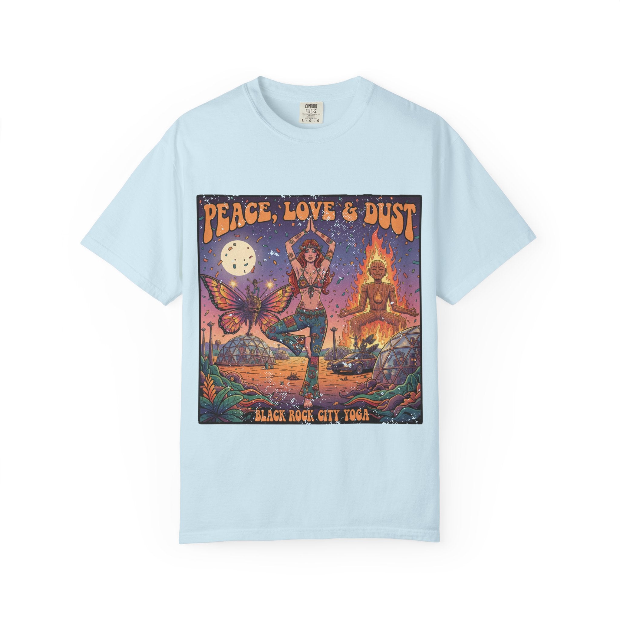 Peace Love & Dust Black Rock City Yoga T-Shirt - Vintage Festival Pinup Graphic Tee