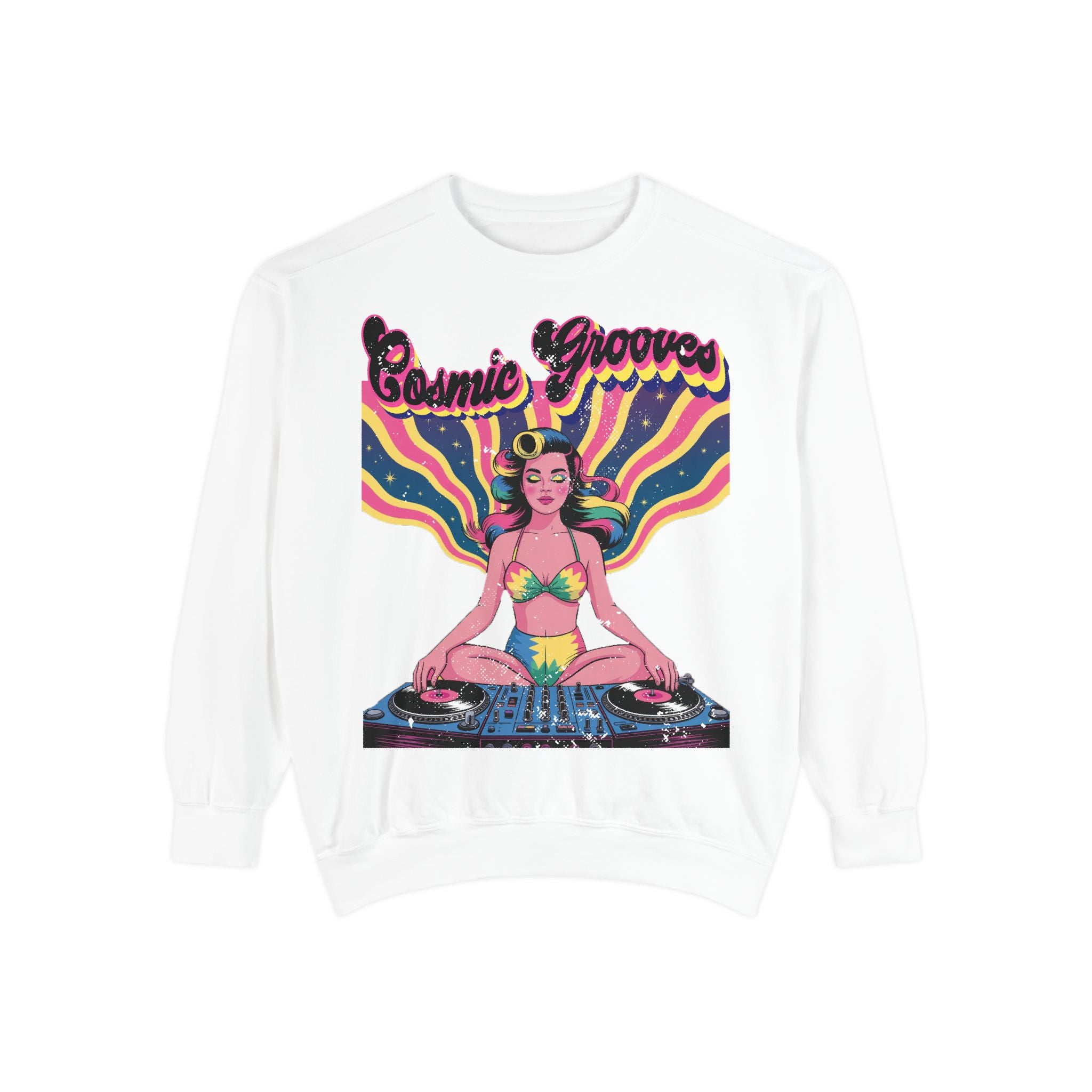 Cosmic Grooves Retro Pinup DJ Sweatshirt – Psychedelic Meditating Rave Apparel