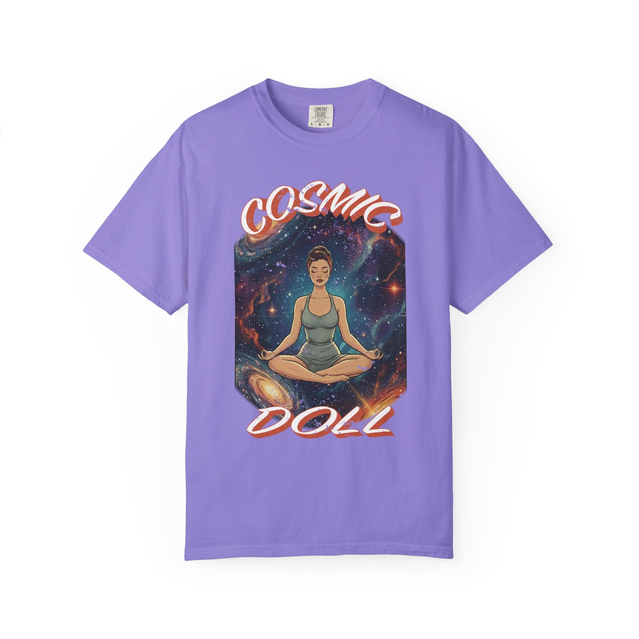 Cosmic Doll Retro Graphic T-Shirt – Vintage Galaxy Meditation Zen Tee