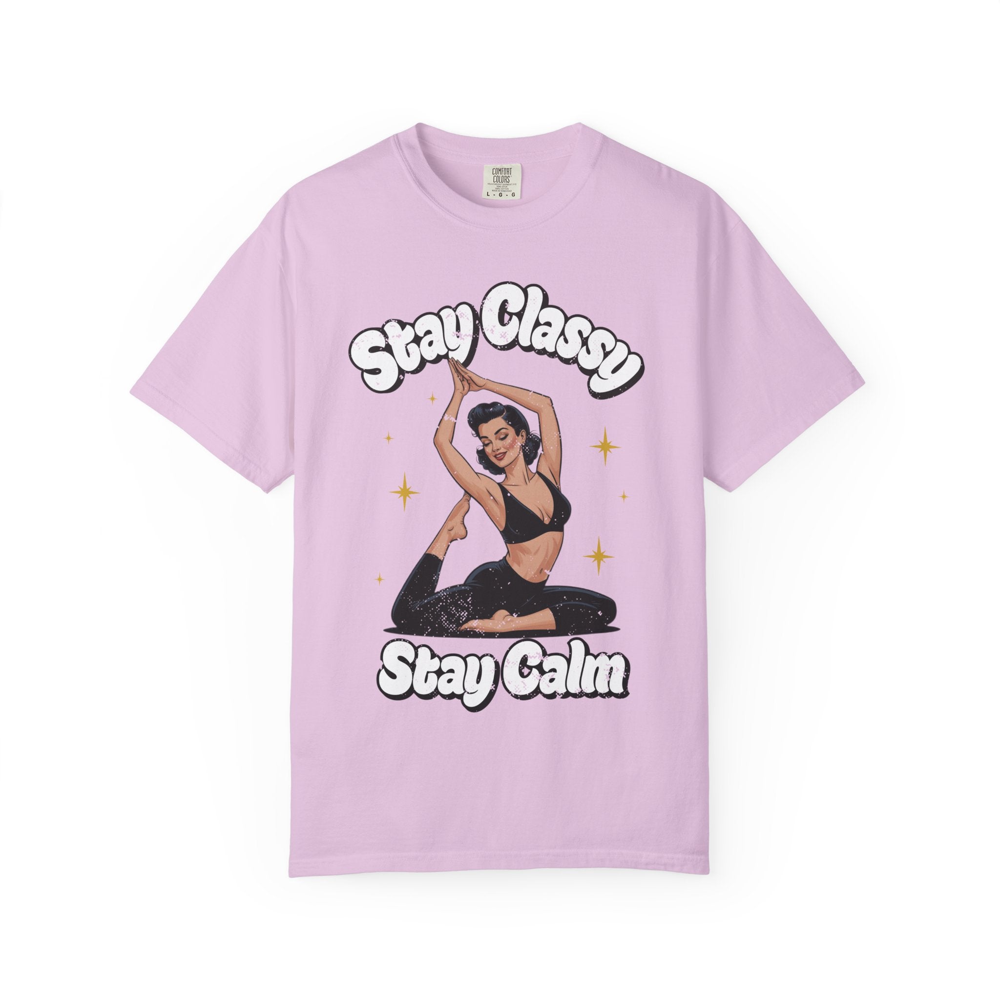 Retro Pinup Girl Yoga T-Shirt - "Stay Classy, Stay Calm" Vintage Graphic Tee