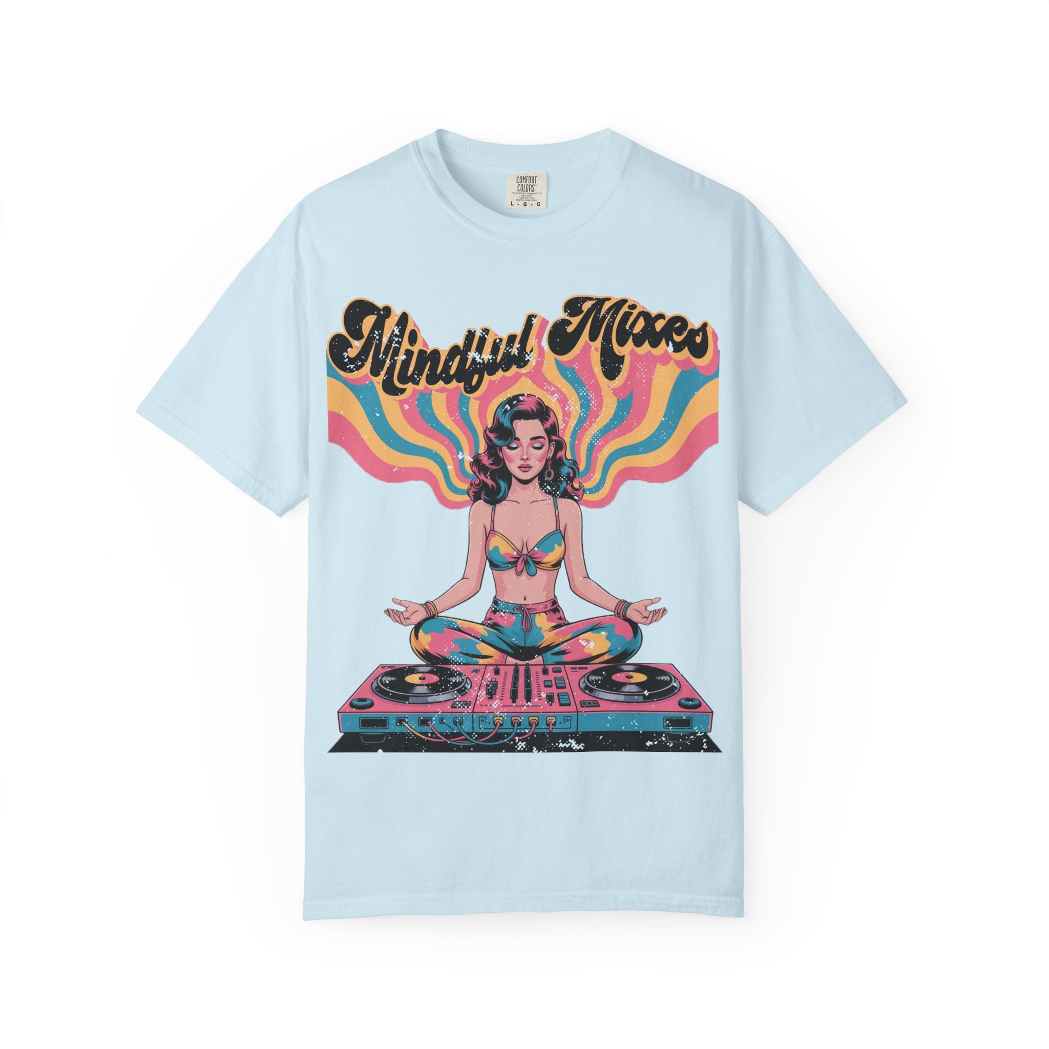Mindful Mixes Retro DJ T-Shirt – Psychedelic Pinup Meditating Graphic Tee