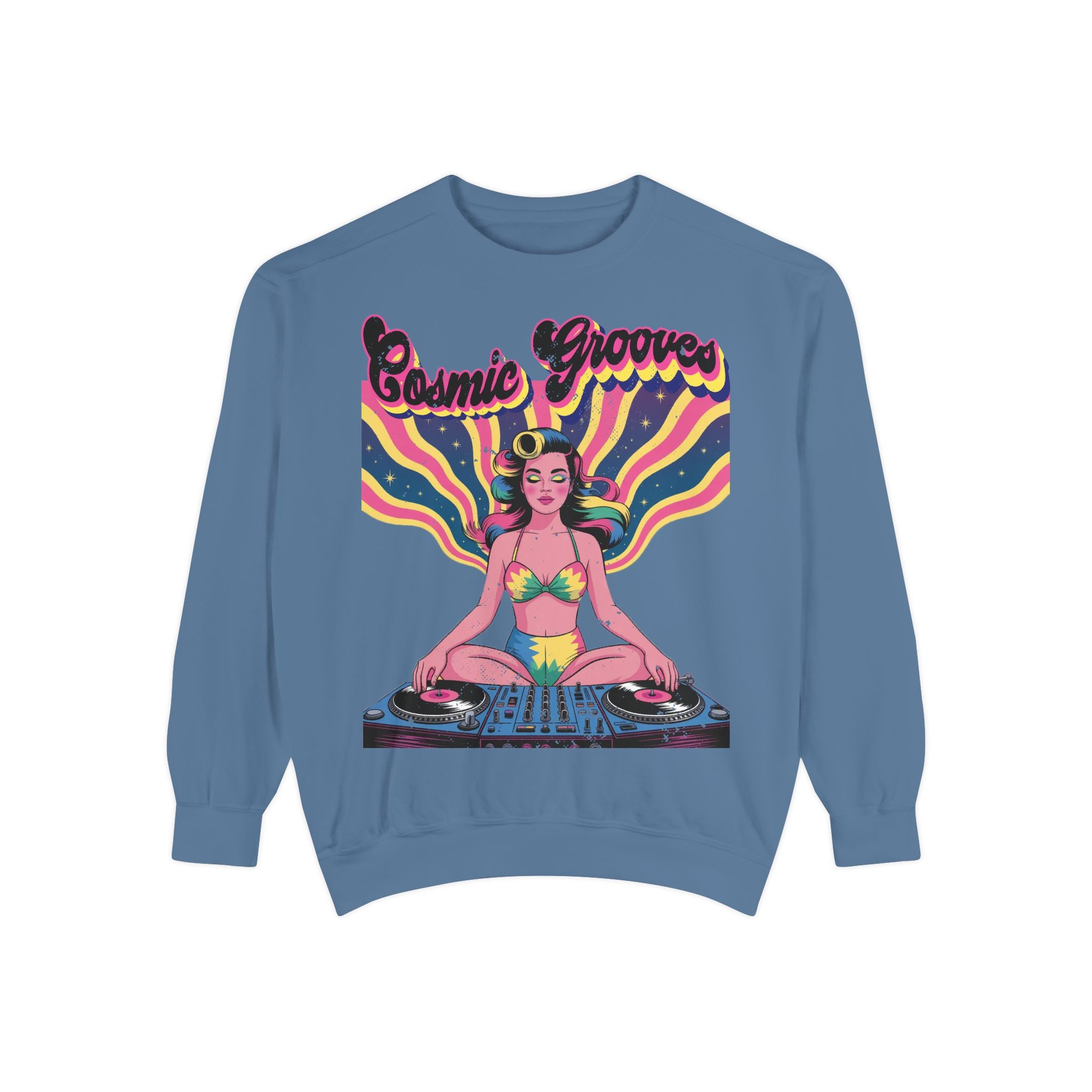 Cosmic Grooves Retro Pinup DJ Sweatshirt – Psychedelic Meditating Rave Apparel