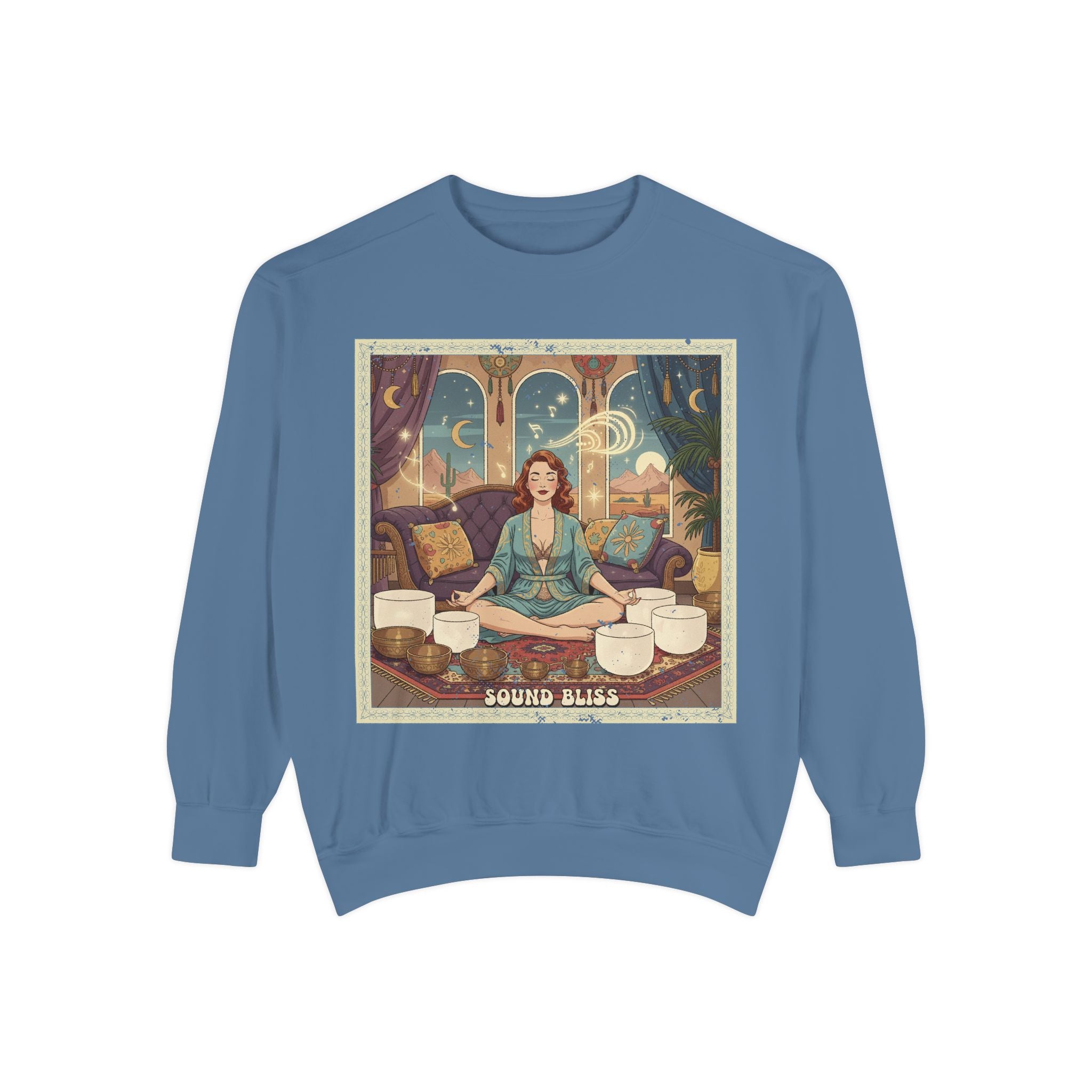 Sound Bliss Retro Sweatshirt – Vintage Sound Healing & Crystal Bowl Graphic Pullover