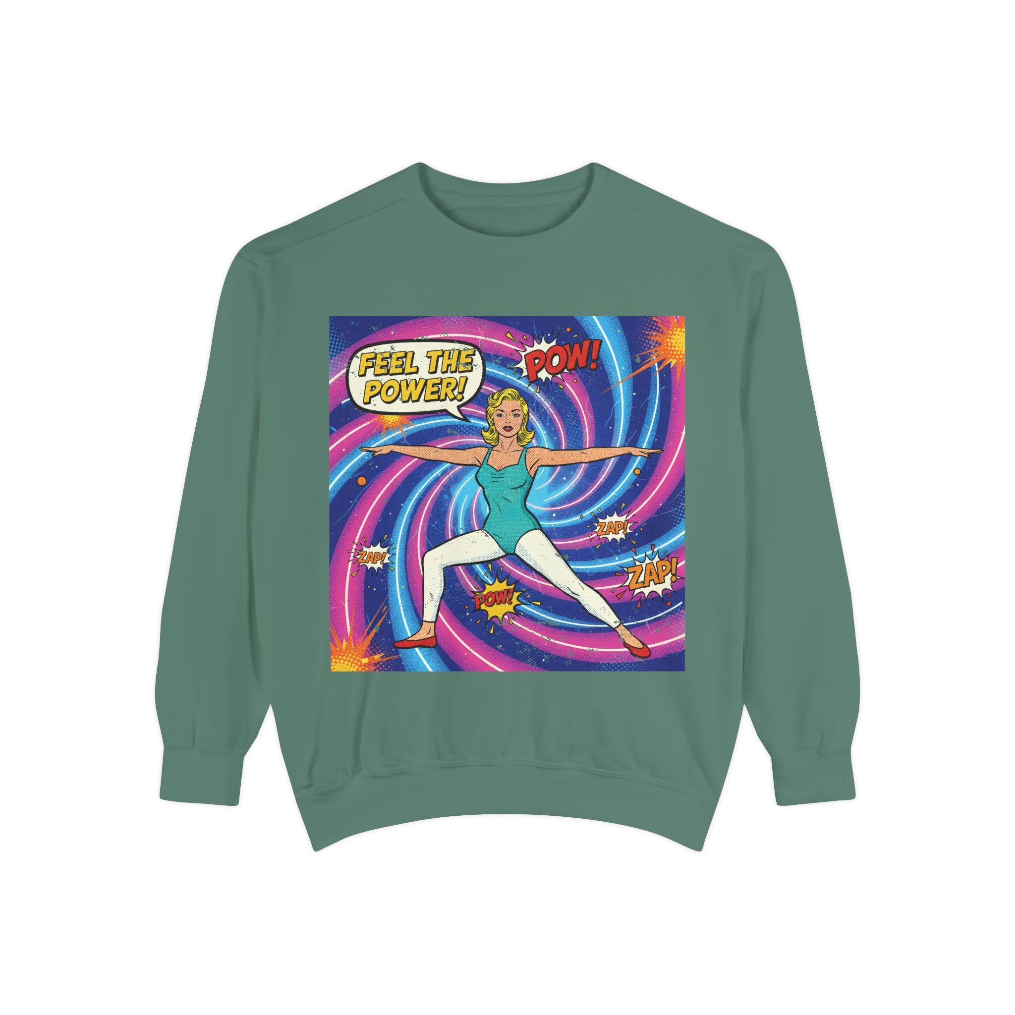 Retro Comic Yoga Sweatshirt – Vintage Pop Art Warrior Pose "Feel The Power" Pullover