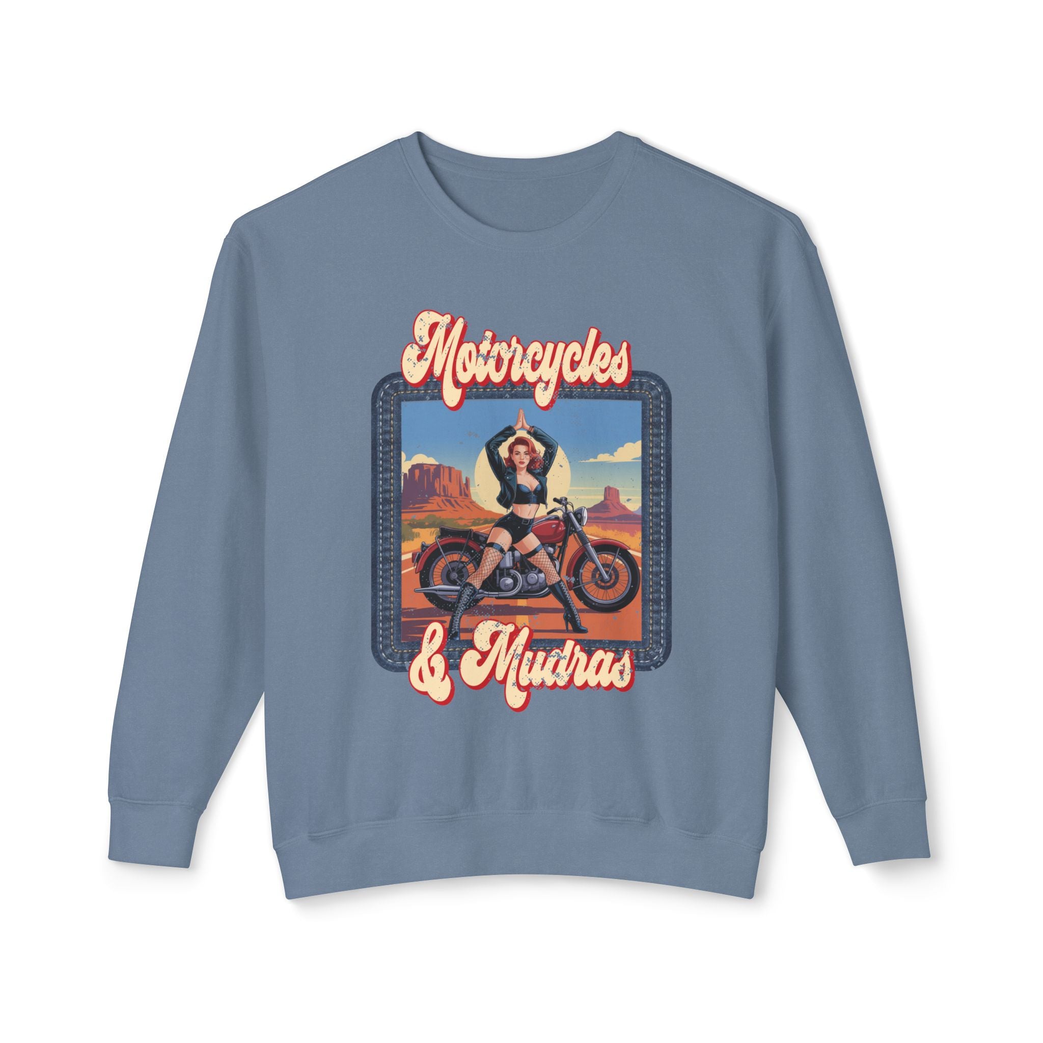 Motorcycles & Mudras Retro Sweatshirt – Vintage Biker Girl Yoga Graphic Pullover