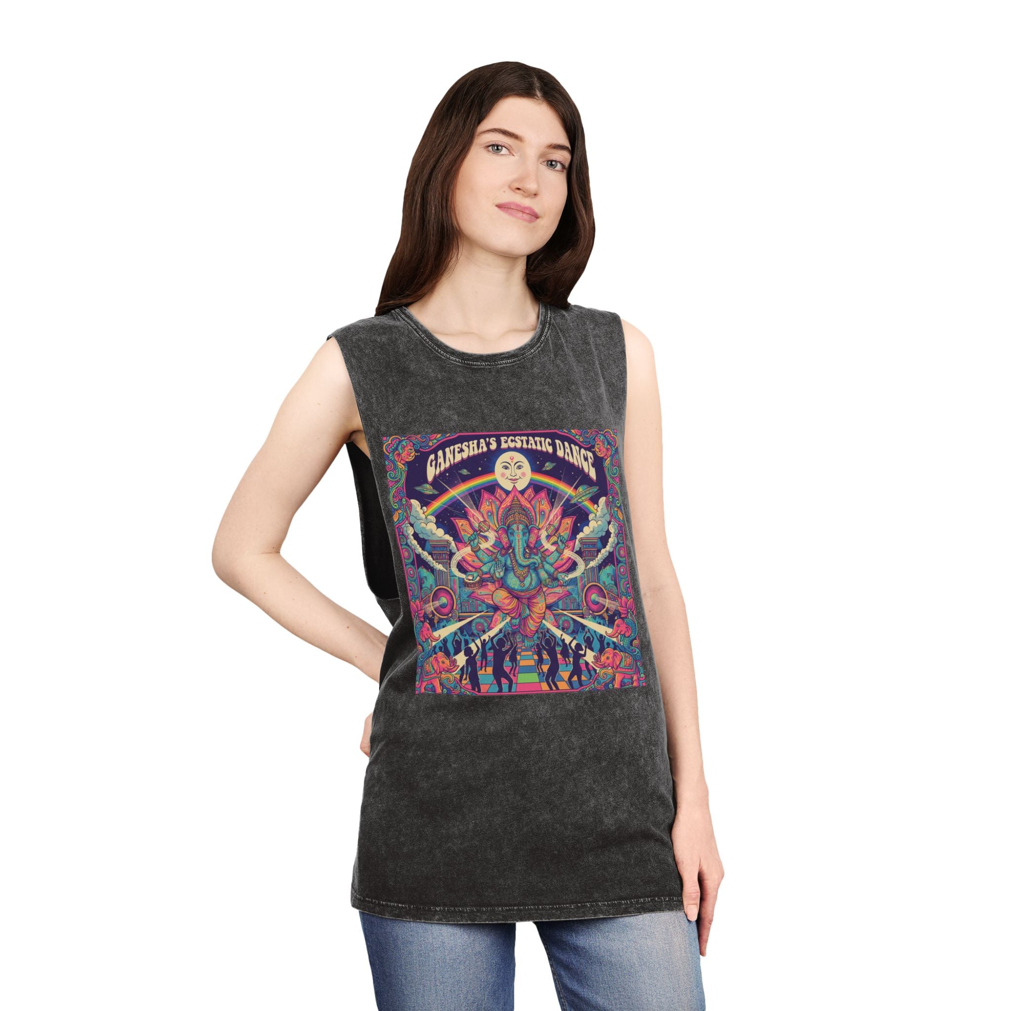 Ganesha’s Ecstatic Dance Stonewashed Tank Top – Psychedelic Festival Rave Graphic Tee