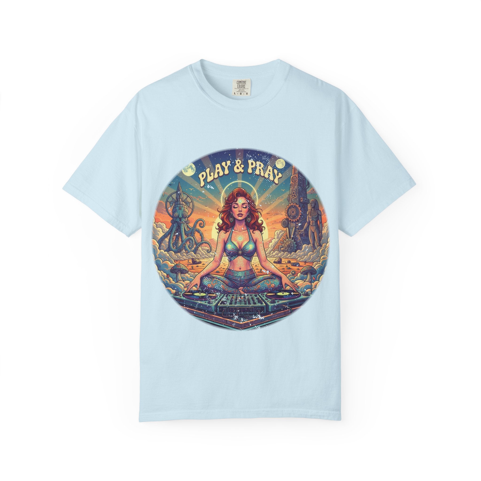 Play & Pray Vintage Pinup DJ Tee - Retro Spiritual Rave & Festival Graphic T-Shirt