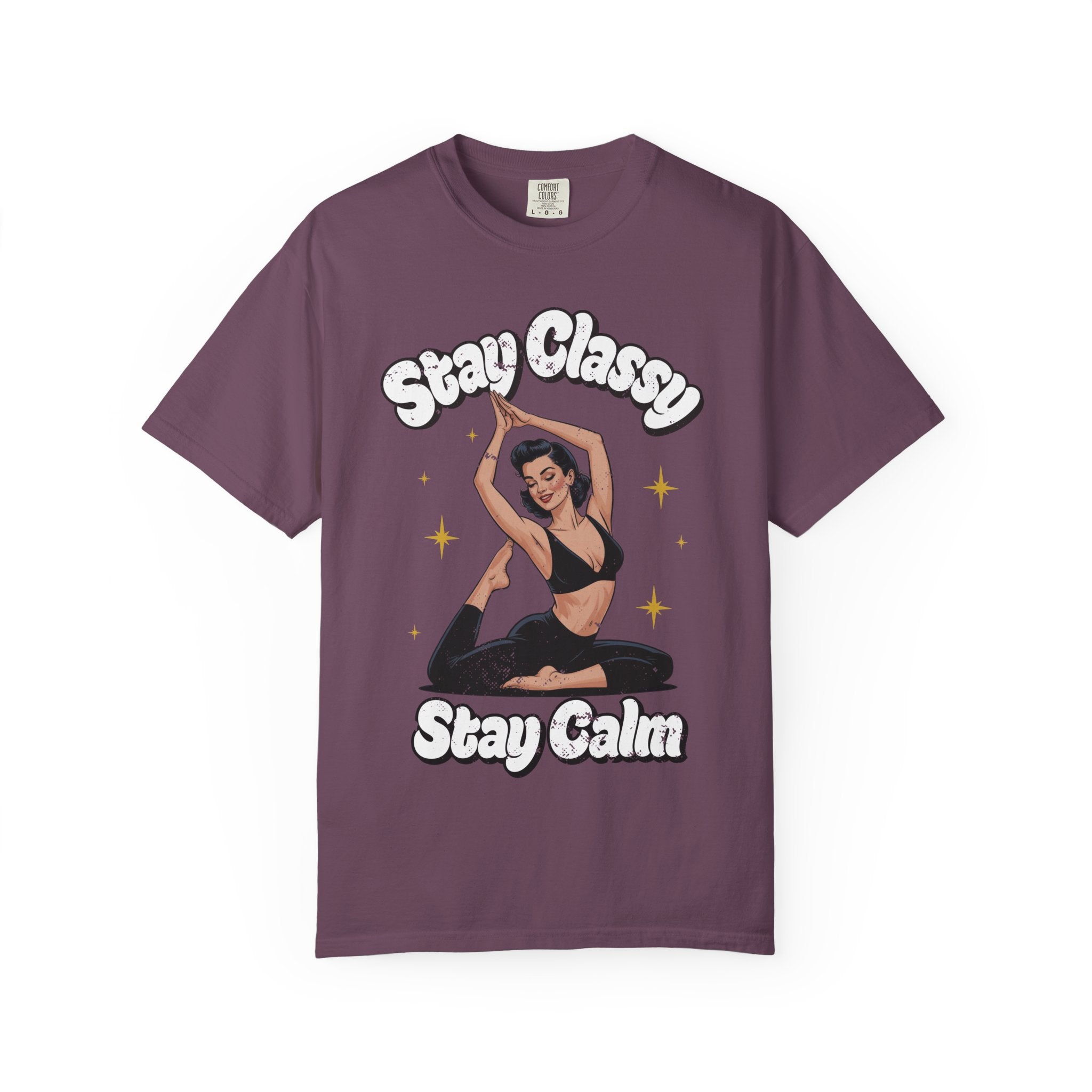 Retro Pinup Girl Yoga T-Shirt - "Stay Classy, Stay Calm" Vintage Graphic Tee