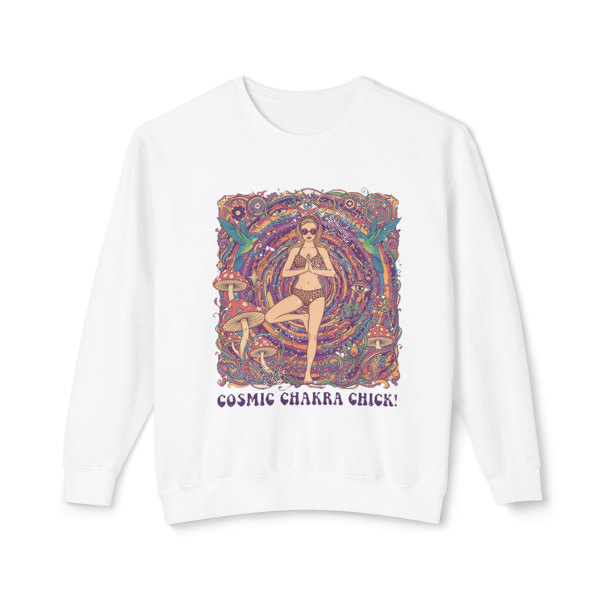 Cosmic Chakra Chill Psychedelic Sweatshirt – Retro Yoga Pinup & Mushroom Art Pullover