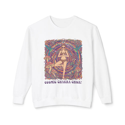 Cosmic Chakra Chill Psychedelic Sweatshirt – Retro Yoga Pinup & Mushroom Art Pullover