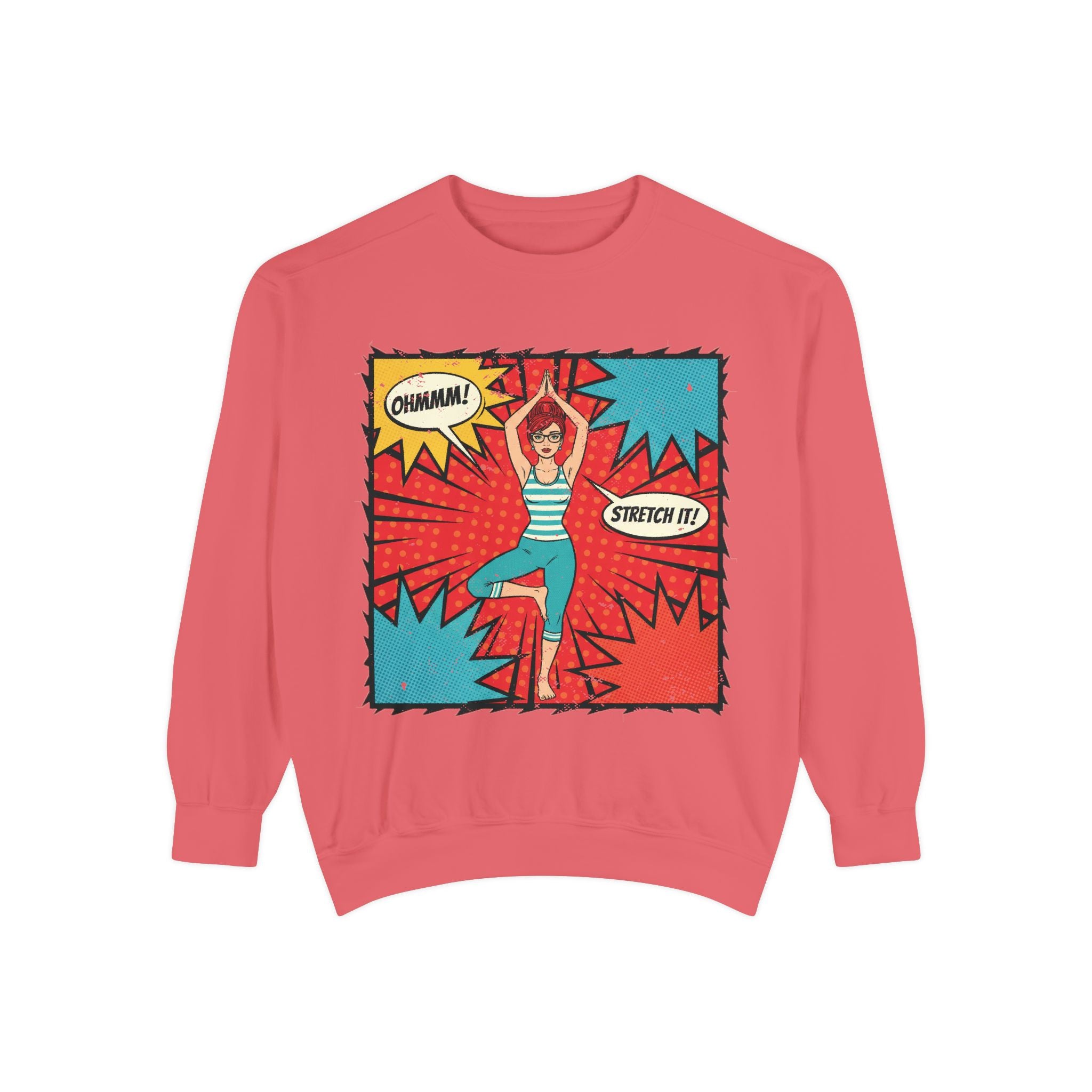 Retro Comic Yoga Sweatshirt – Pop Art Tree Pose "Stretch It!" Vintage Pullover