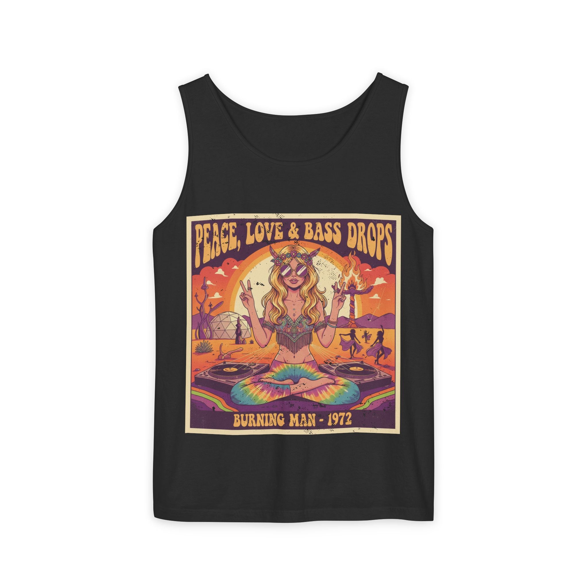 Peace, Love & Bass Drops Tank Top – Retro 1970s Festival "Burning Man" Graphic Racerback